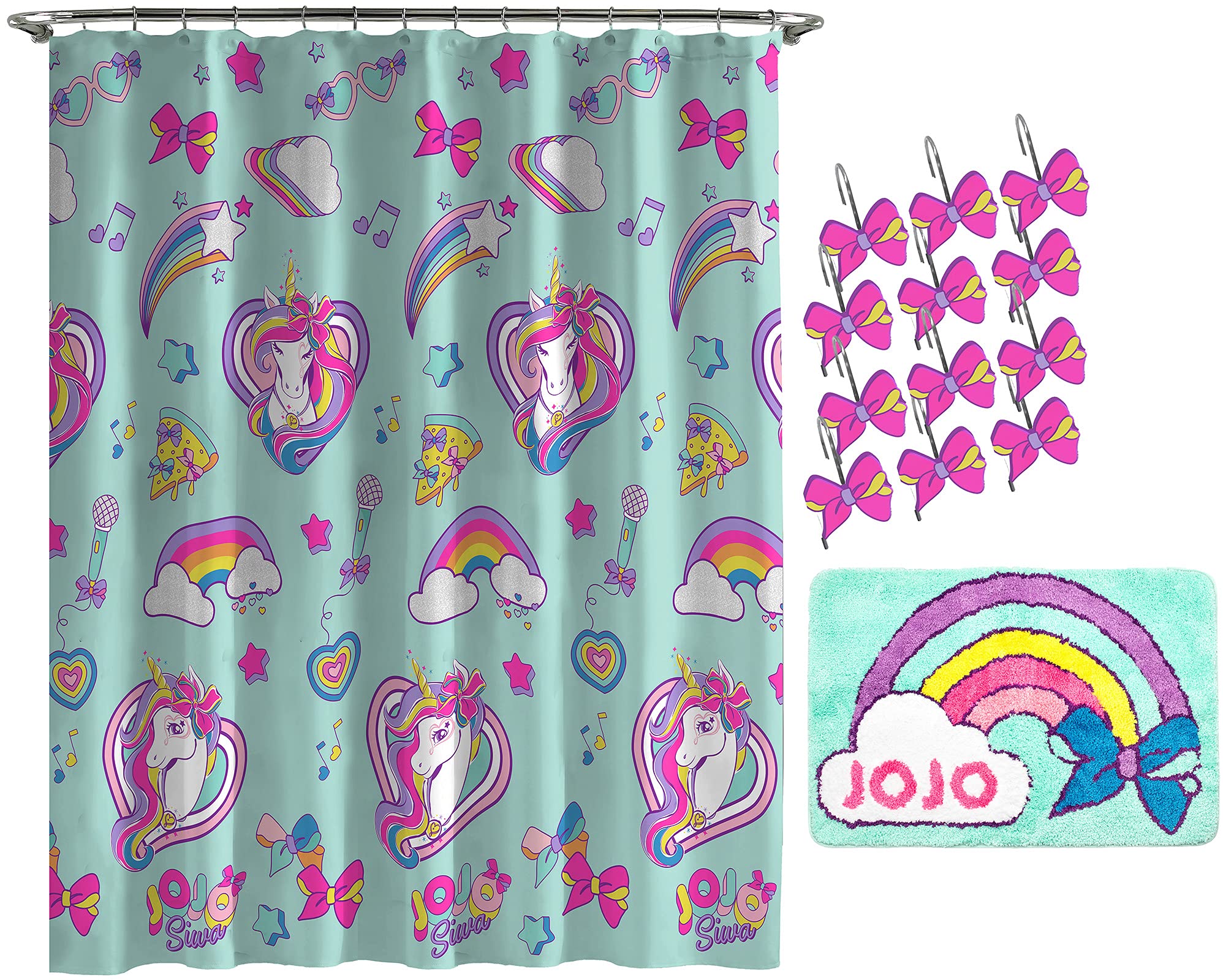 Jay Franco Nickelodeon Jojo Siwa Retro Rainbow 14 Piece Bathroom Set - Includes Shower Curtain, 12 Hooks, & Non-Slip Bath Rug -
