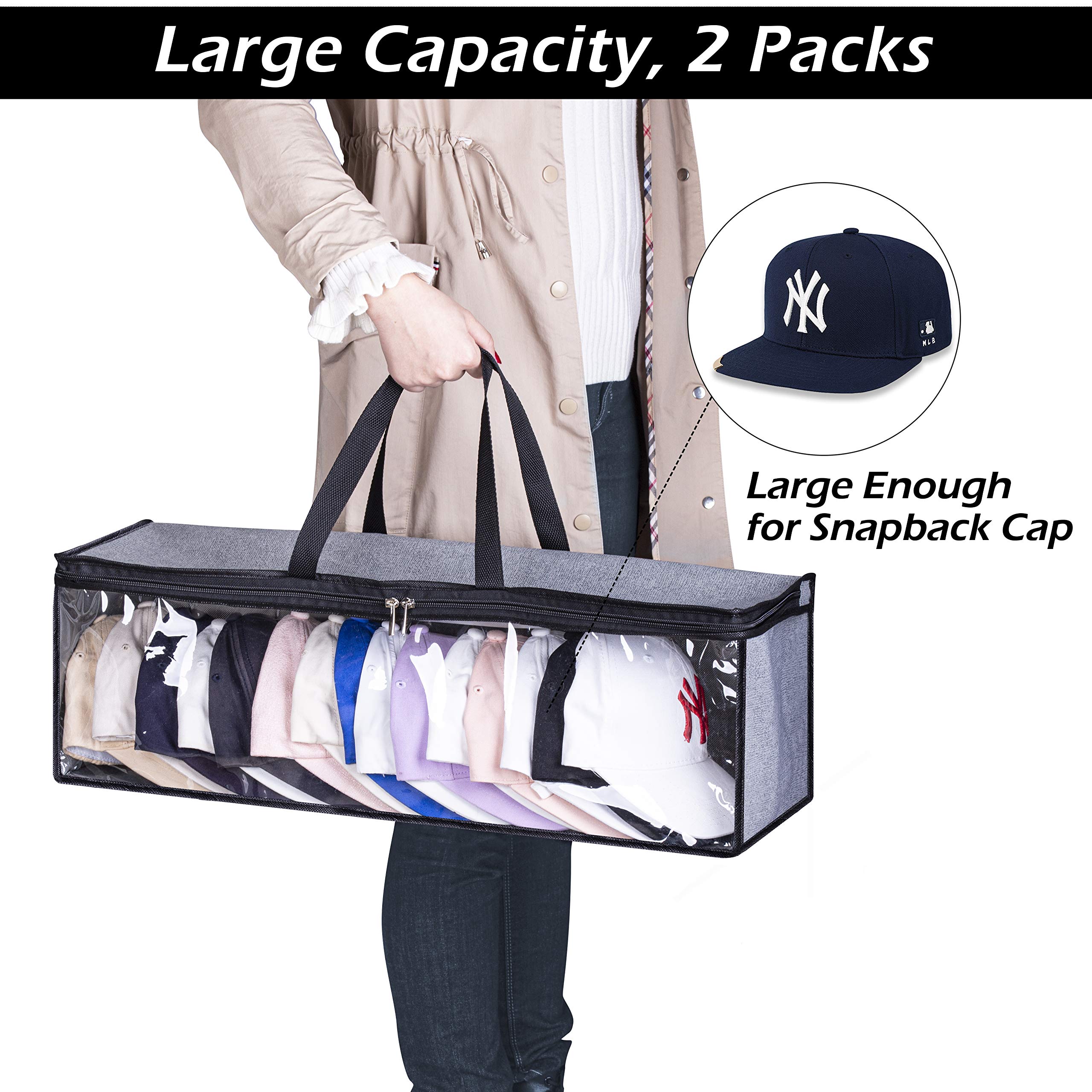 KIMBORA 2 PCS Wide Hat Storage for Baseball Caps Organizer with 2 Sturdy Handles Hat Racks Holder Grey Capbox Stackable for Home Travel