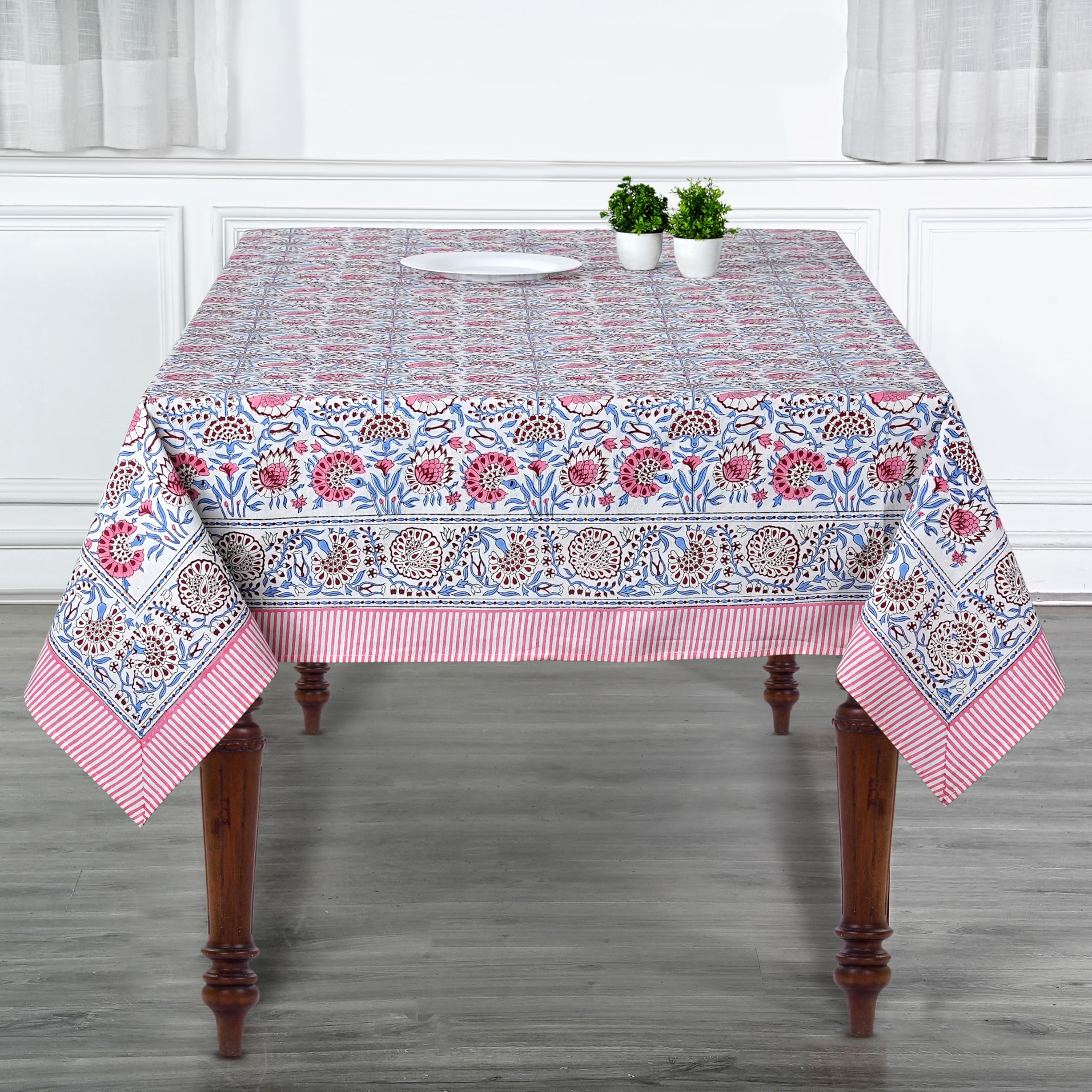 Ridhi Pigeon Blue Hand Block Print Cotton Rectangle Tablecloth 90 x 60 inch-Reusable Table Cover Decorative Everyday Use for Din