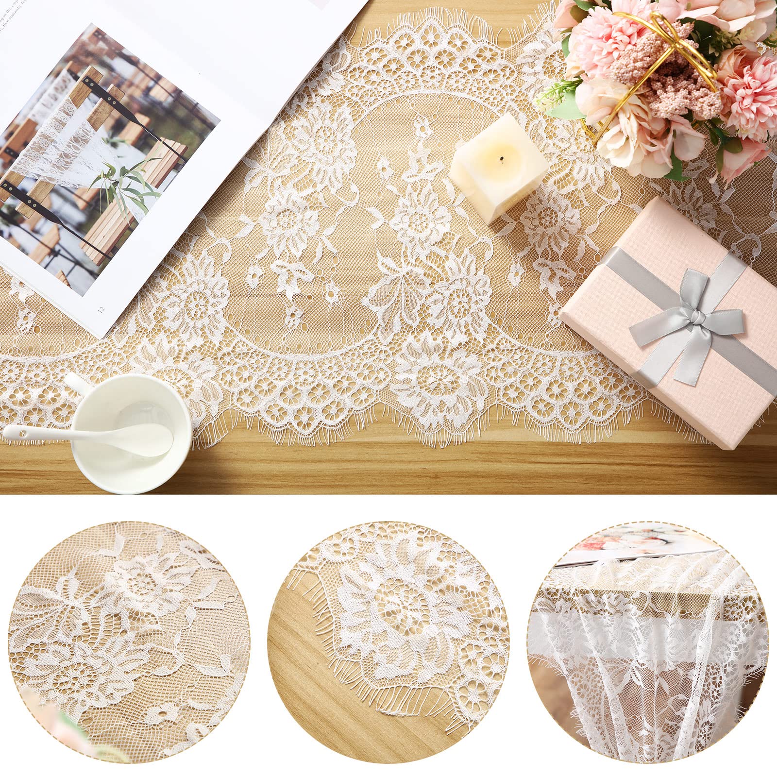 12 Pack Lace Table Runner 14 x 120 Inch White Rustic Lace Fabric Table Runners with Rose Embroidered Floral for Wedding Bridal V