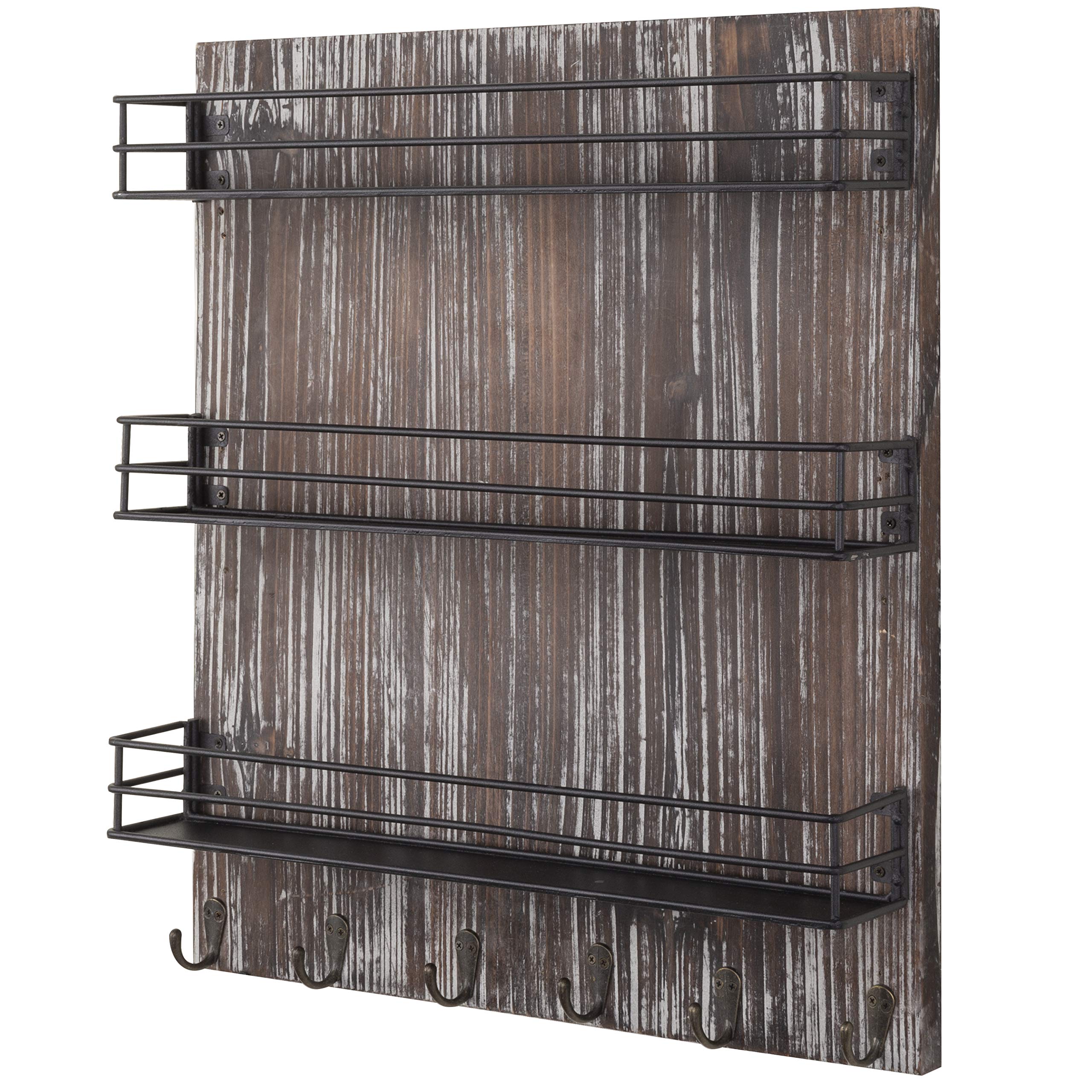 MyGift 3 Tier Black Metal Wire Kitchen Spice Rack Organizer with Torched Wood Wall Mount and 6 Hooks, Seasoning Jars and Hanging