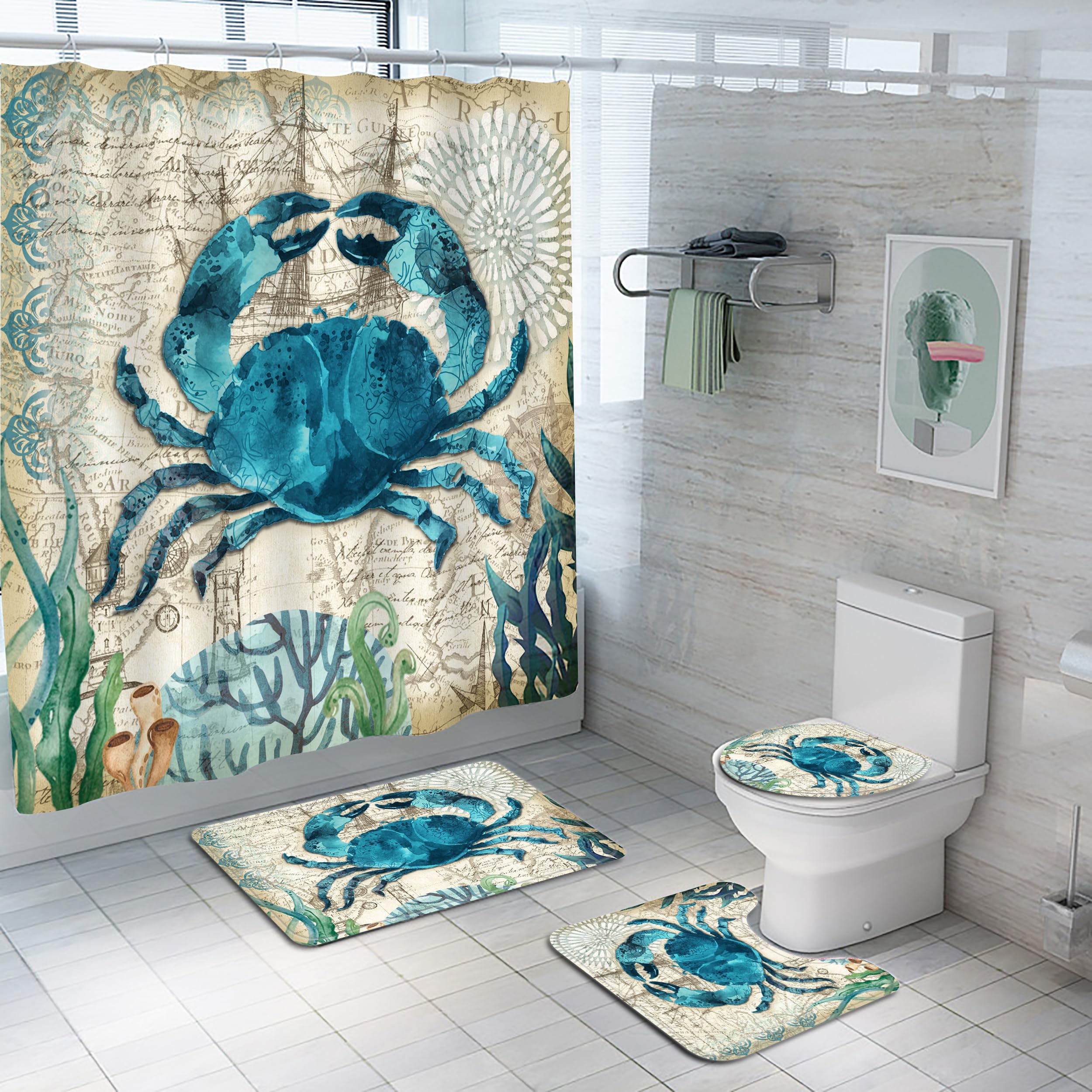 Planially 4Pcs Sea Crab Waterproof Shower Curtain Sets,Ocean Bathroom Sets With Shower Curtain, Toilet Lid Rug, Contour Mat And