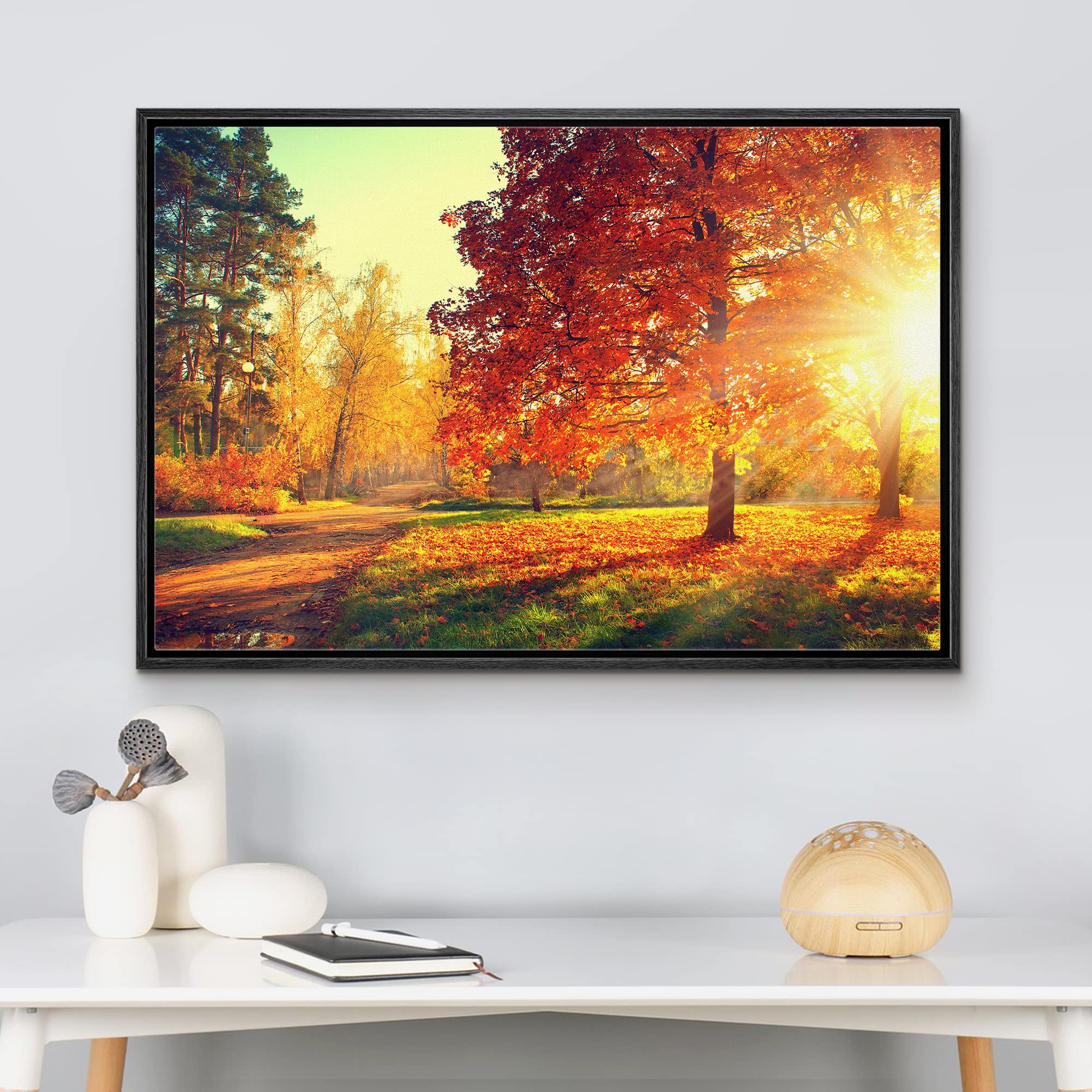 wall26 Framed Canvas Print Wall Art Path Through Red & Orange Autumn Park Nature Wilderness Photography Modern Art Rustic Scenic Colorful Multicolor for Living Room  Bedroom  Office - 24''x36'' Black