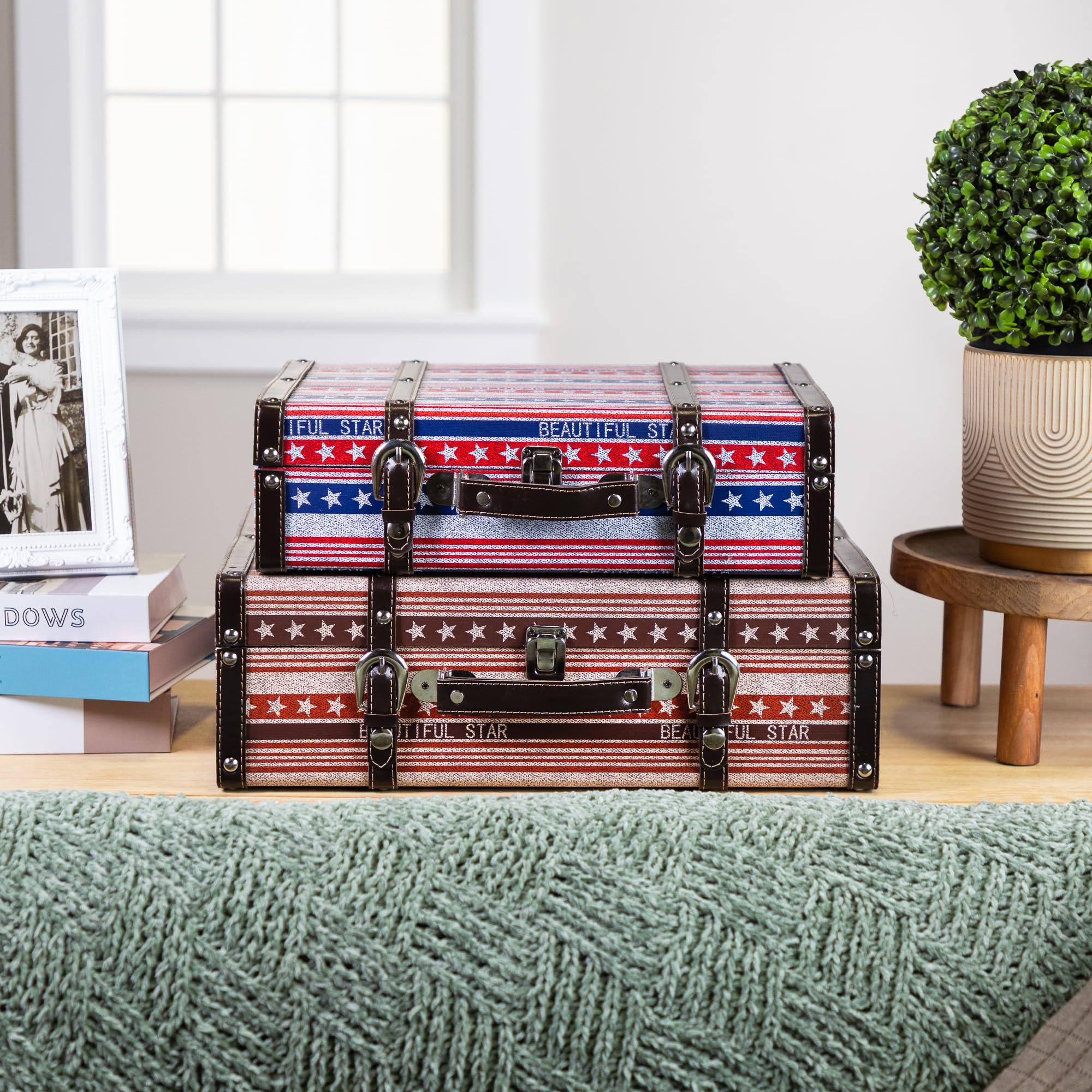 Northlight Vintage-Style Beautiful Star Decorative Luggage Trunks - 17.5 - Red White and Blue - Set of 2