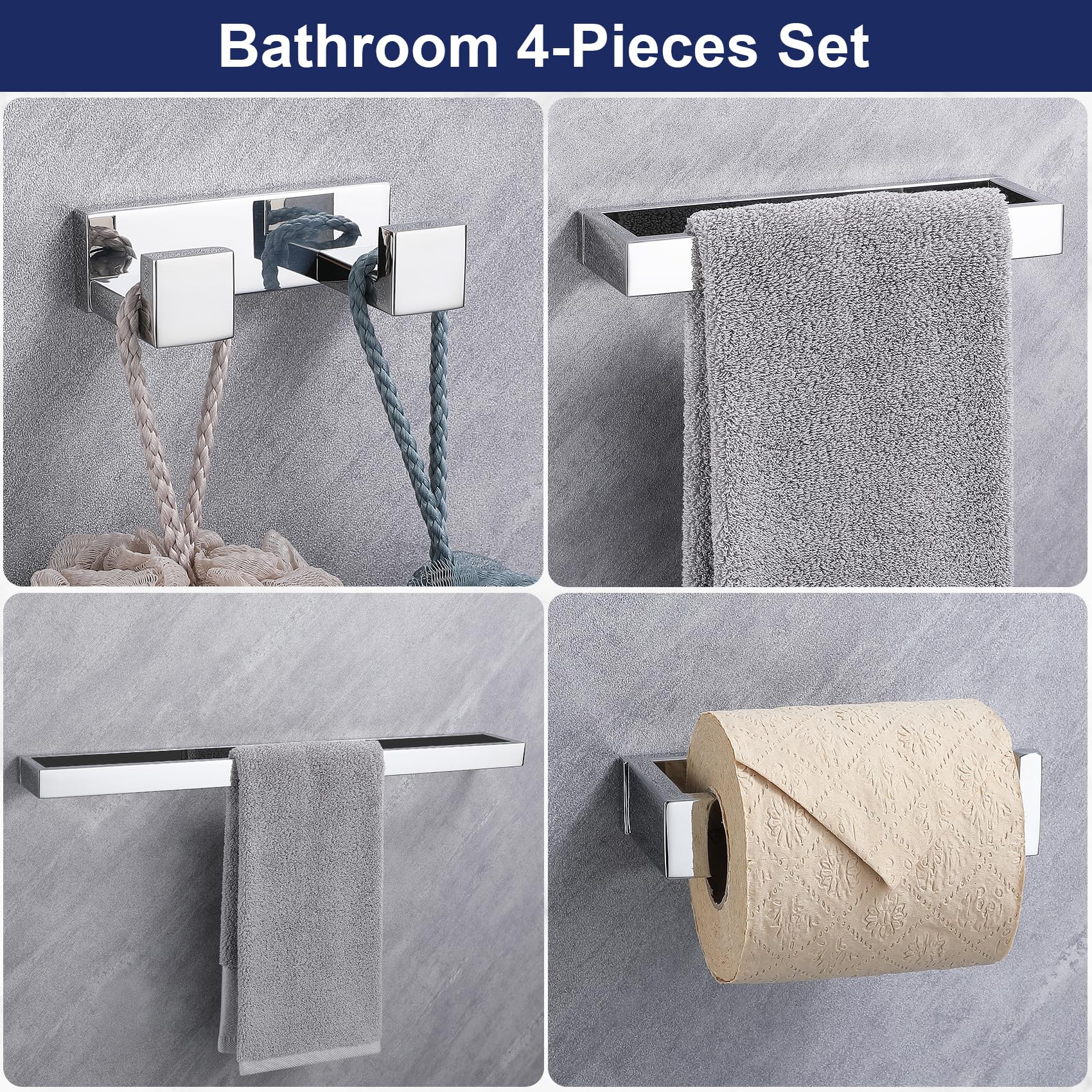 Lairuier Bath Towel Bar Set, Polished Chrome 4-Piece Bathroom Hardware Set Including Towel Bar, Towel Holder, Toilet Paper Holde
