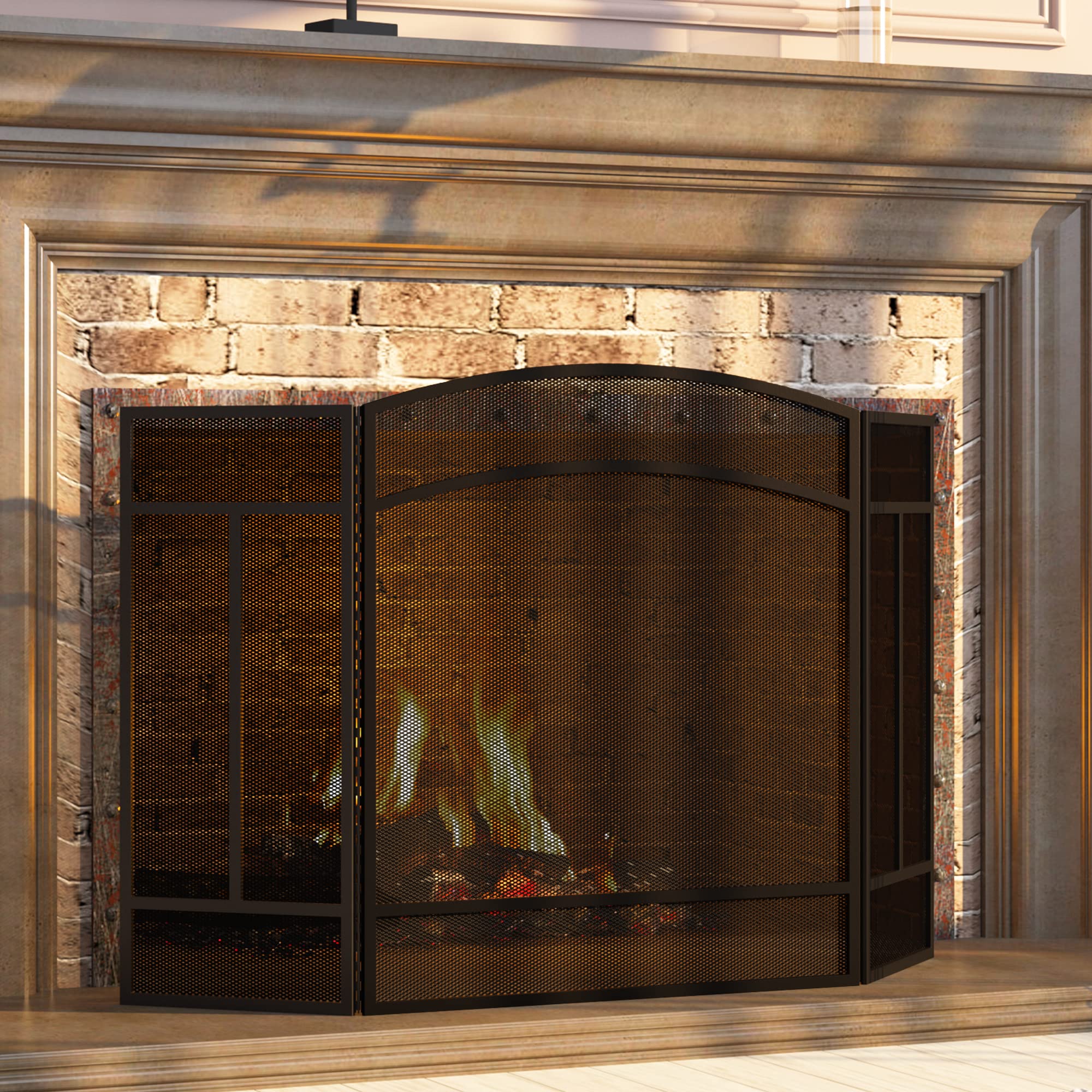 Fire Beauty Fireplace Screen 3 Panel Wrought Iron 48 ''(L) x 29 ''(H) Spark Guard Cover(Black)