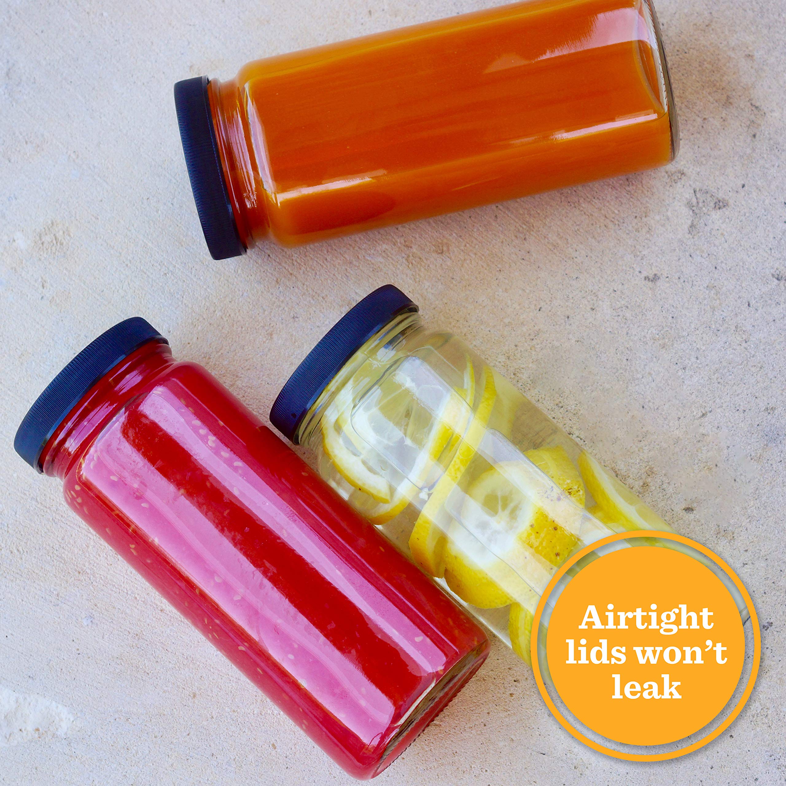 All About Juicing Clear Glass Water Bottles Set - 6 Pack Wide Mouth with Lids for Juice  Smoothies  Beverage Storage - 16 oz  Durable  Reusable  Dishwasher Safe  Leak Proof (Black Caps)