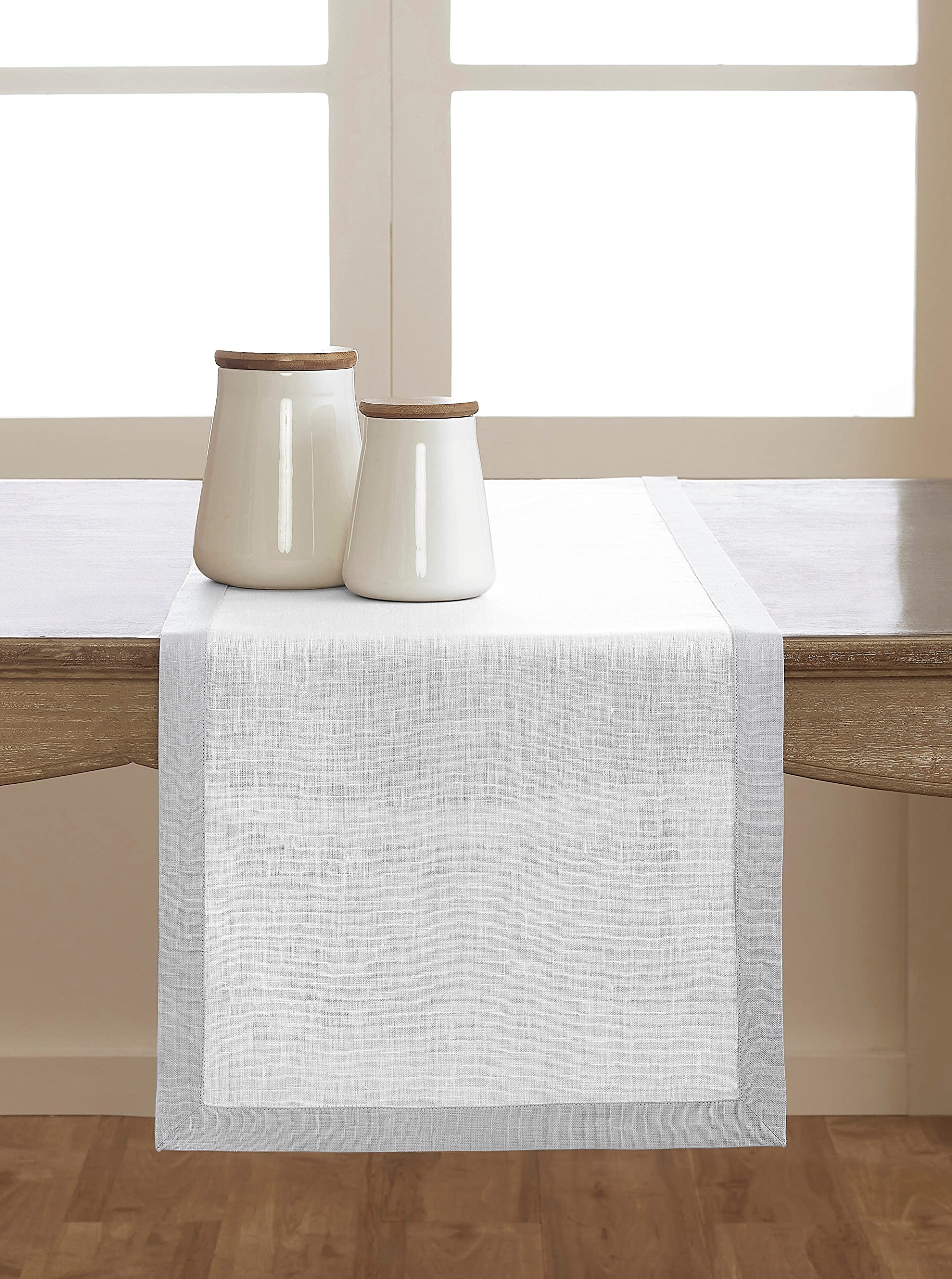 Solino Home Linen Border Table Runner - Soft Grey And White 14 X 90 Inch - 100% Pure Linen Classic Table Runner For Spring, Summ
