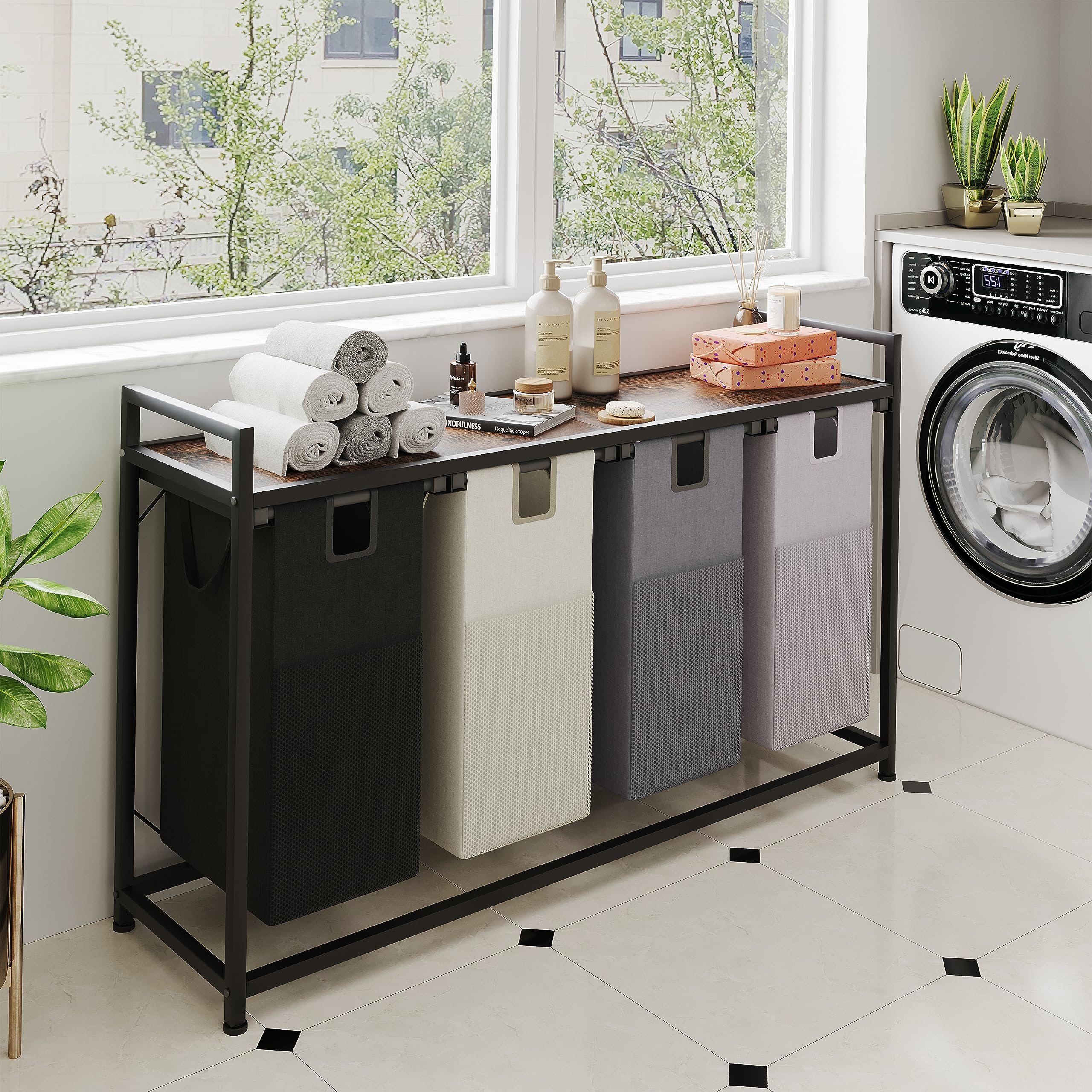 Livehom Laundry Basket Four Laundry Hamper With Removable Bags, Fabric Handles, Large Top Shelf And Laundry Bag For Bathroom, Do