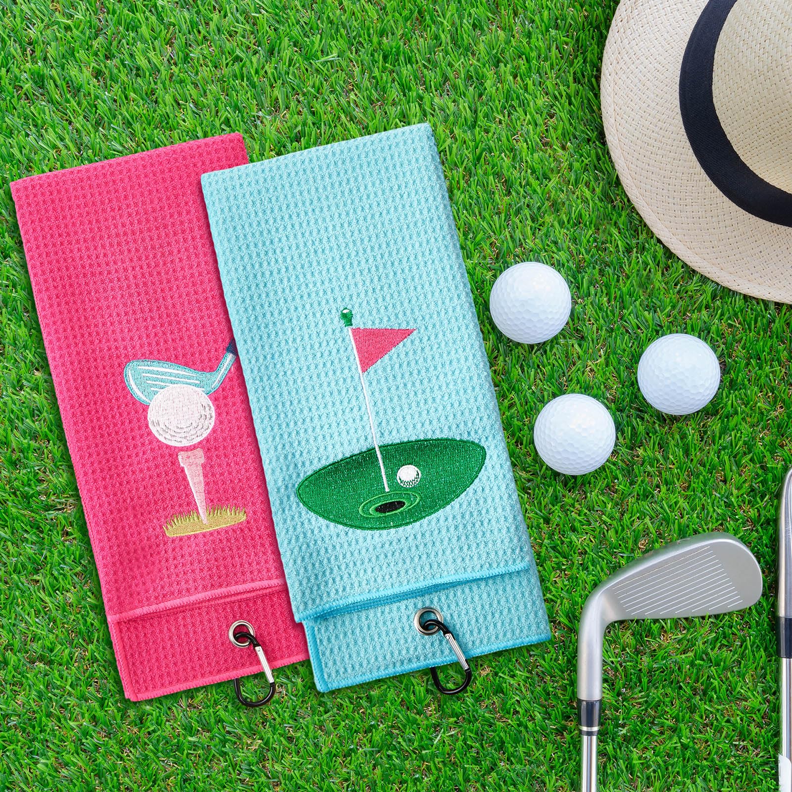 Mindsoft 2 Pieces Funny Golf Towel Microfiber Embroidered Ball Towels for Women Ball Bags with Clips Accessories Waffle Pattern