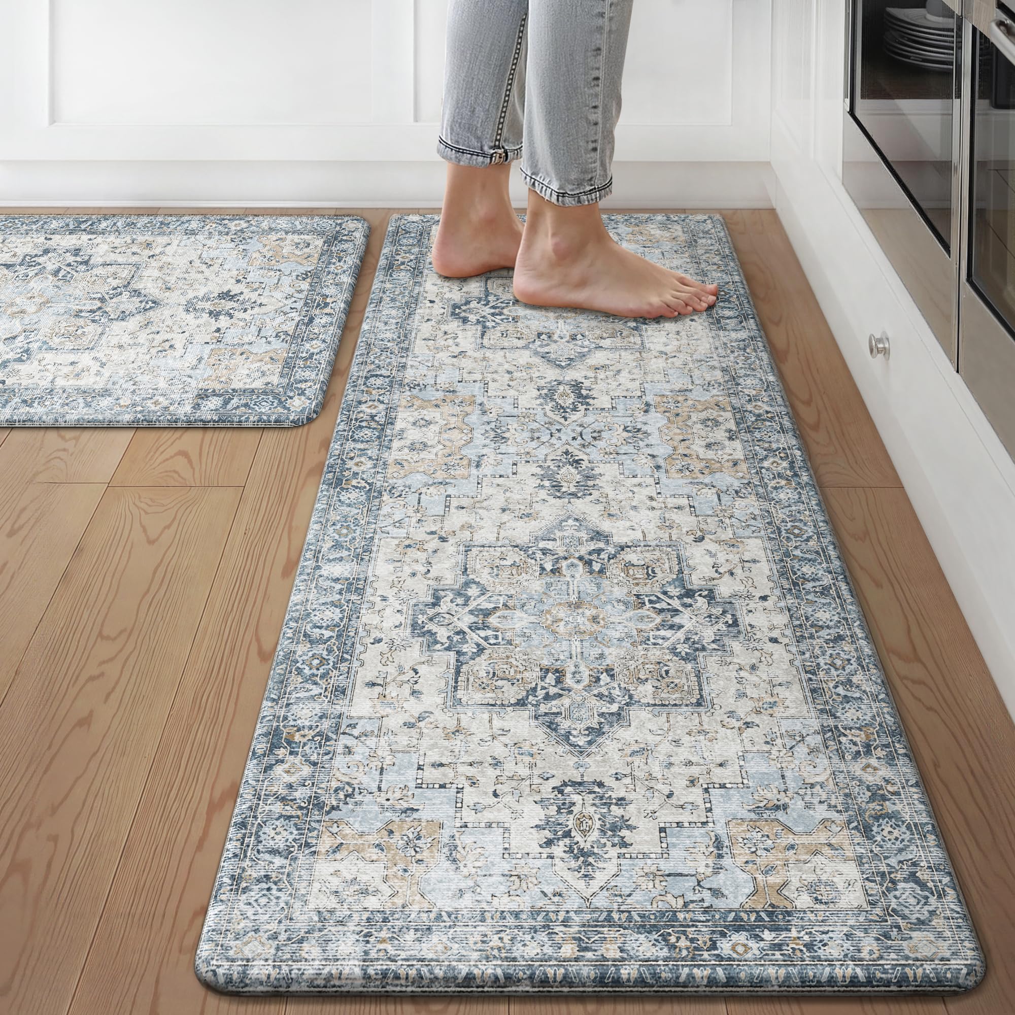 GENIMO Kitchen Mats for Floor 2PCs, Washable Anti Fatigue Mat for Cushioned, 17.3x47+17.3x30, 0.4 inch, Waterproof Kitchen Rug, 