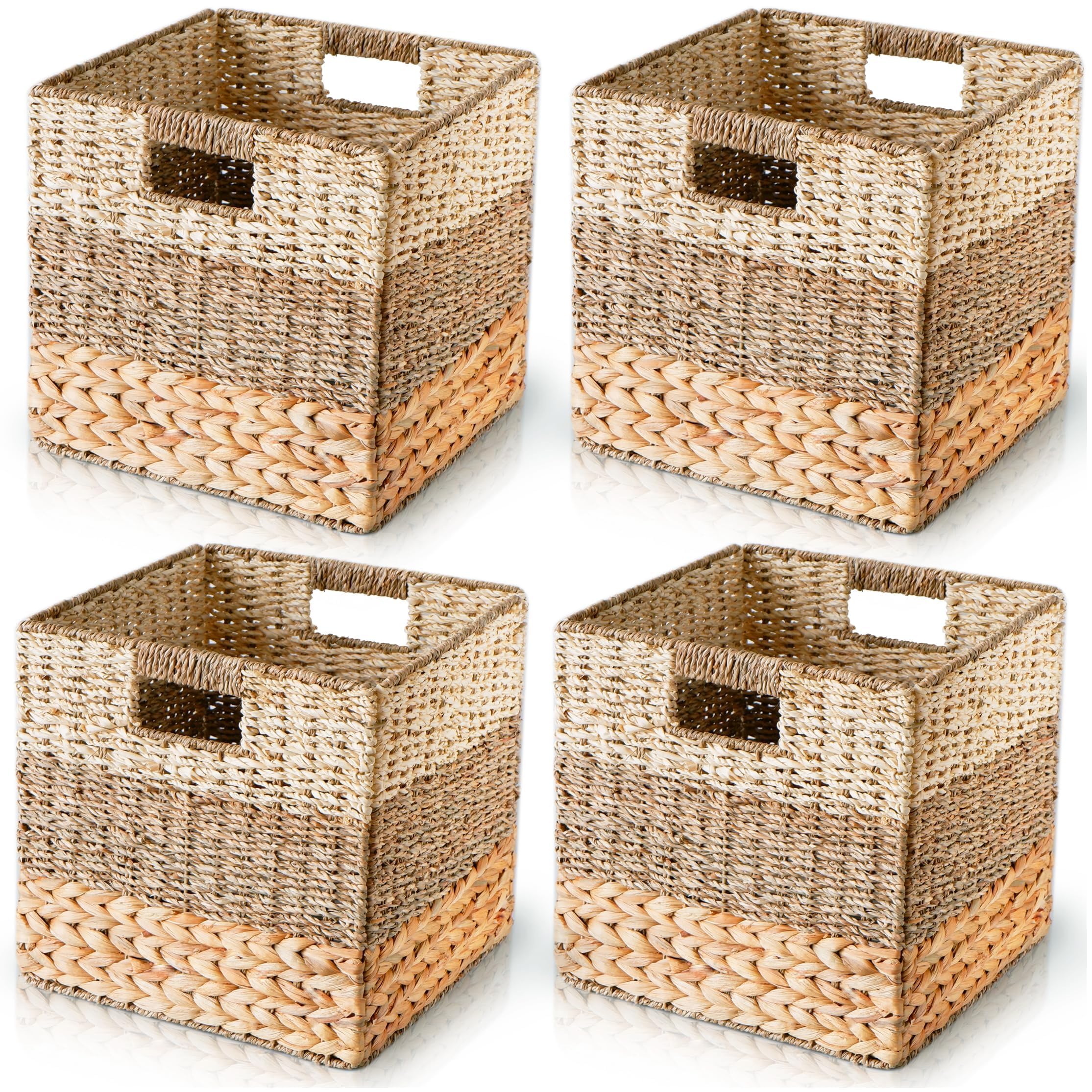 Chi An Home Wicker Storage Cubes, Set Of 4 Heavy Duty Hyacinth Baskets For Shelves, 13X13 Baskets For Cube Shelf, Natural Foldab