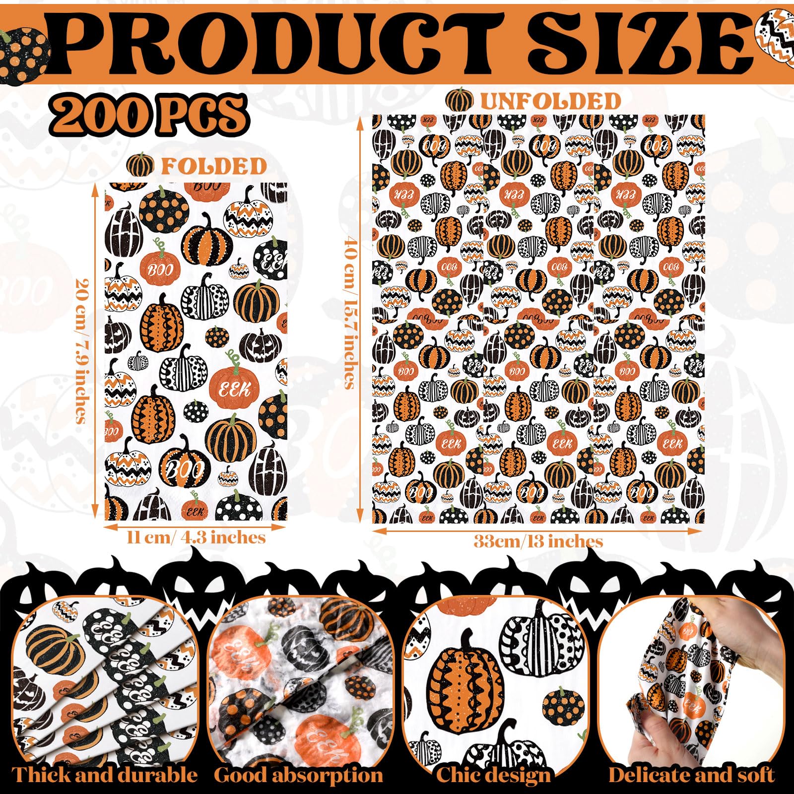 Jetec 200 Pcs Halloween Pumpkin Paper Napkins Halloween Paper Hand Towels For Bathroom Disposable Guest Napkins Orange Pumpkin D