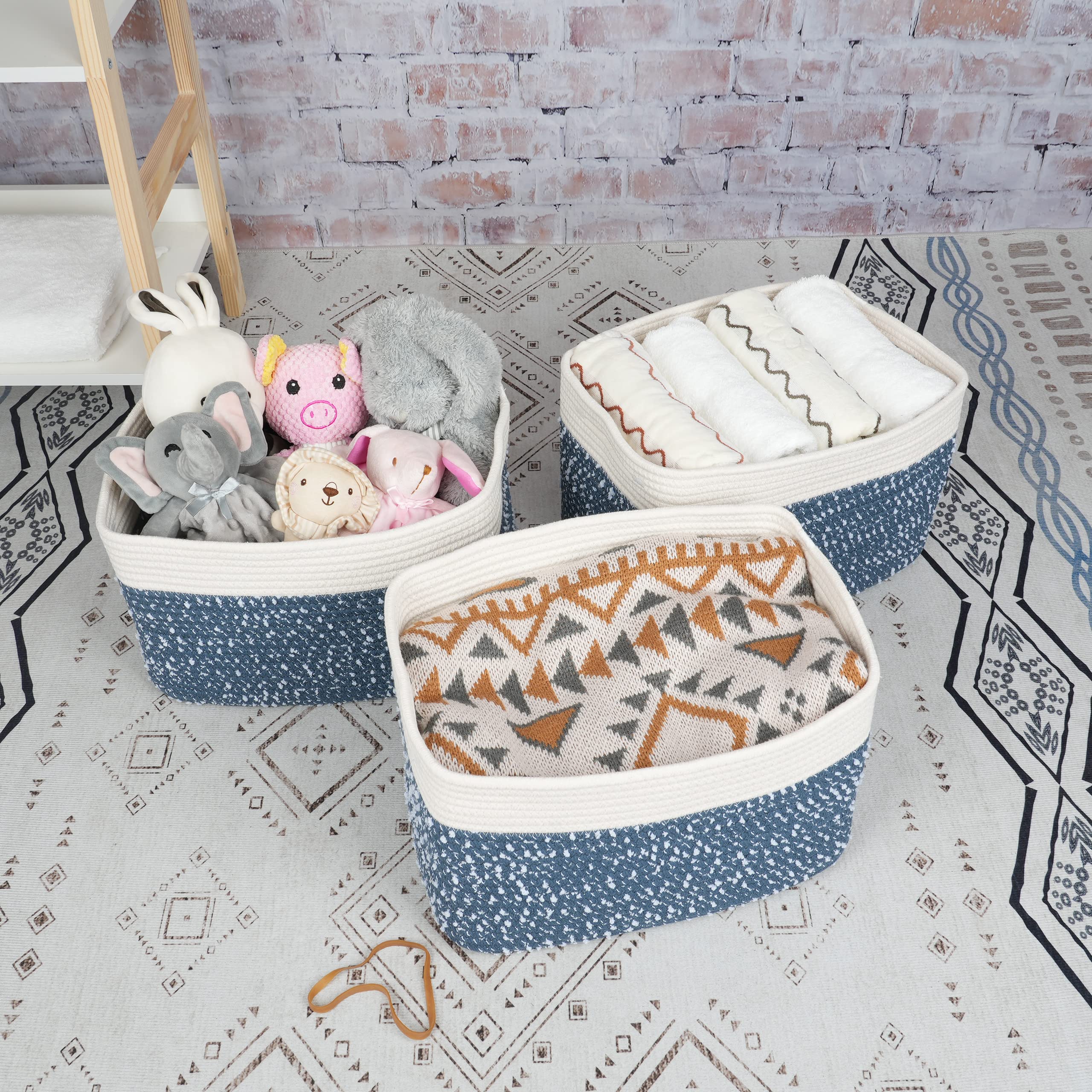 Xuanguo White And Blue Cotton Rope Storage Basket Bins Woven Basket For Organizing Shelves Rectangle Decorative Baskets For Stor
