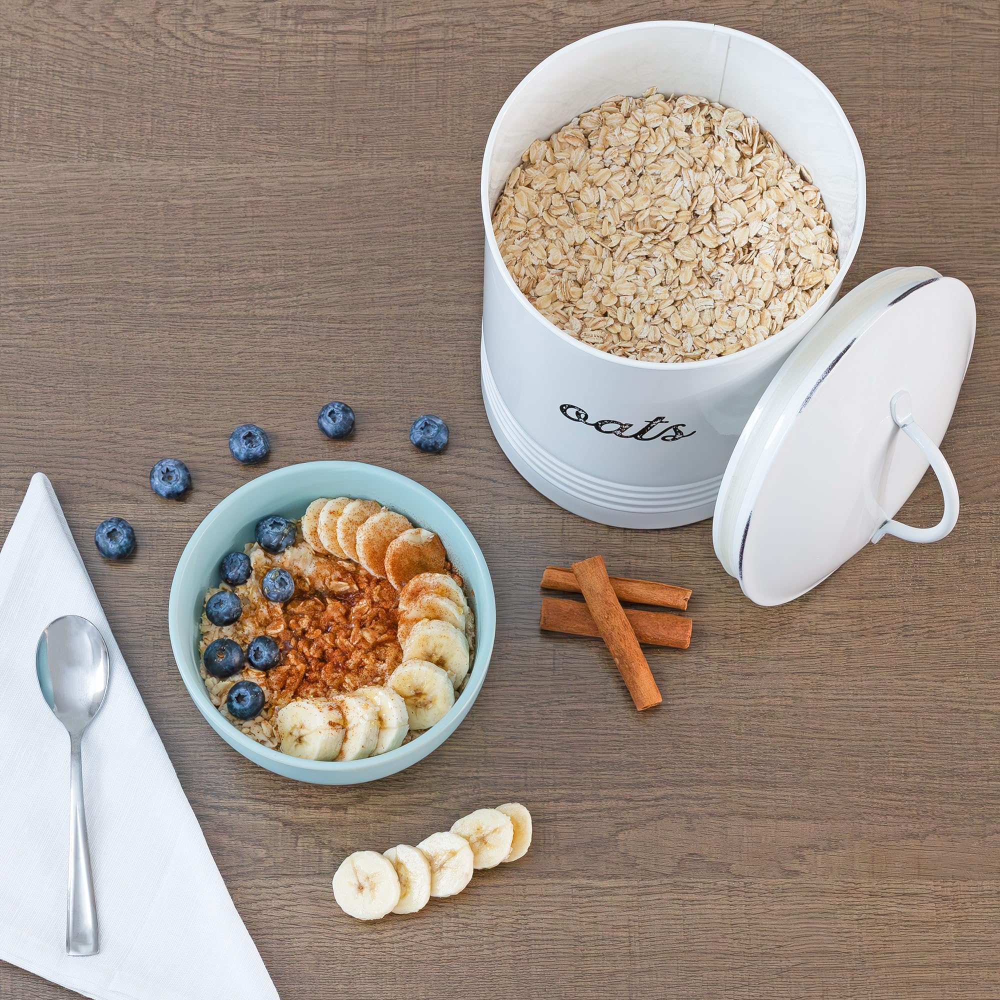 AuldHome Farmhouse Enamelware Oatmeal Canister (White); Rustic Distressed Style Oats Storage for Kitchen