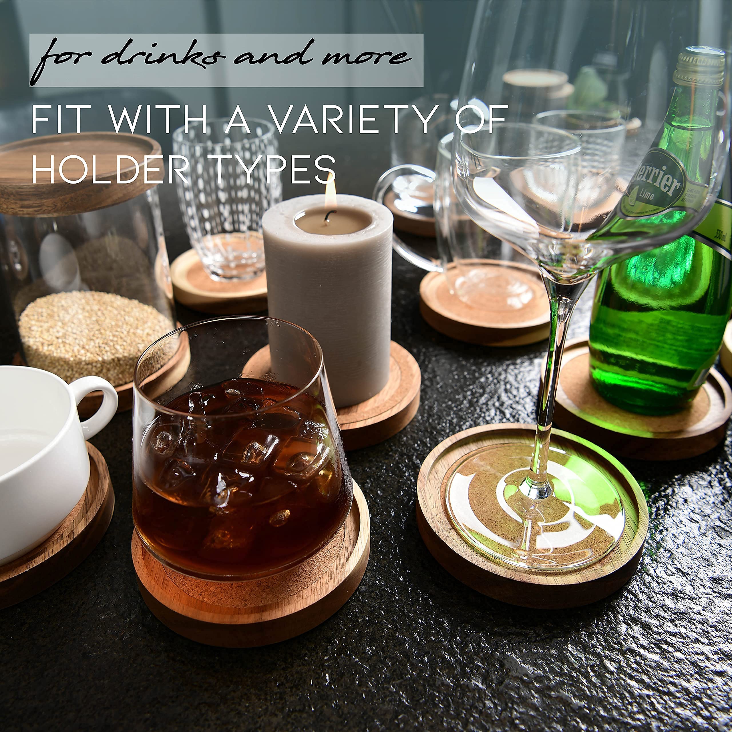Acacia Wood Coasters for Drinks  4.13 Inch  Set of 6  Absorbent and Insulation Cork Stackable Cup Holders  Rustic Coasters for Wooden Table  Designed by S1EGAN