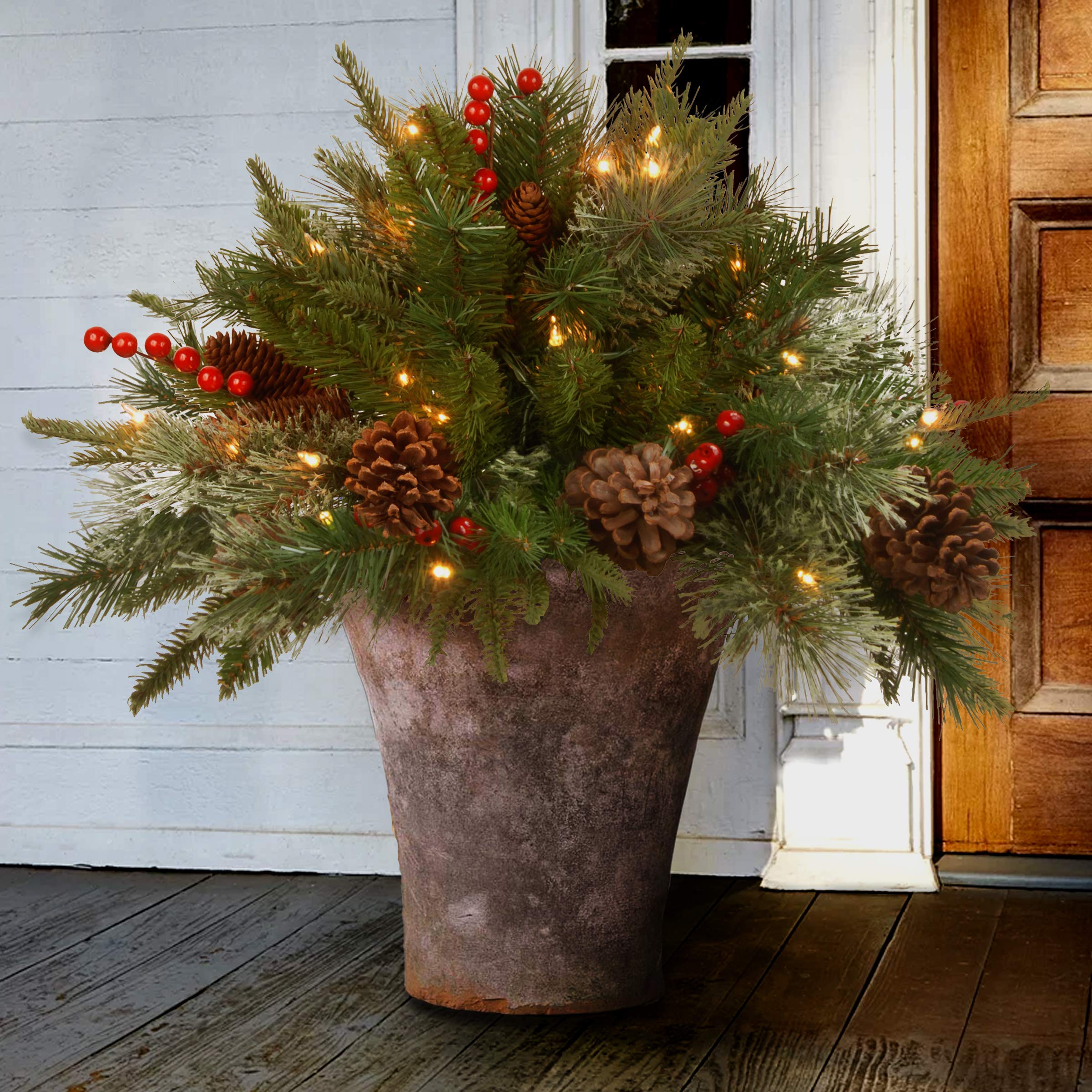 National Tree Company 18 in Pre-Lit Colonial Fir Artificial Christmas Urn Filler, Christmas Decoration with Pinecones, Red Berri