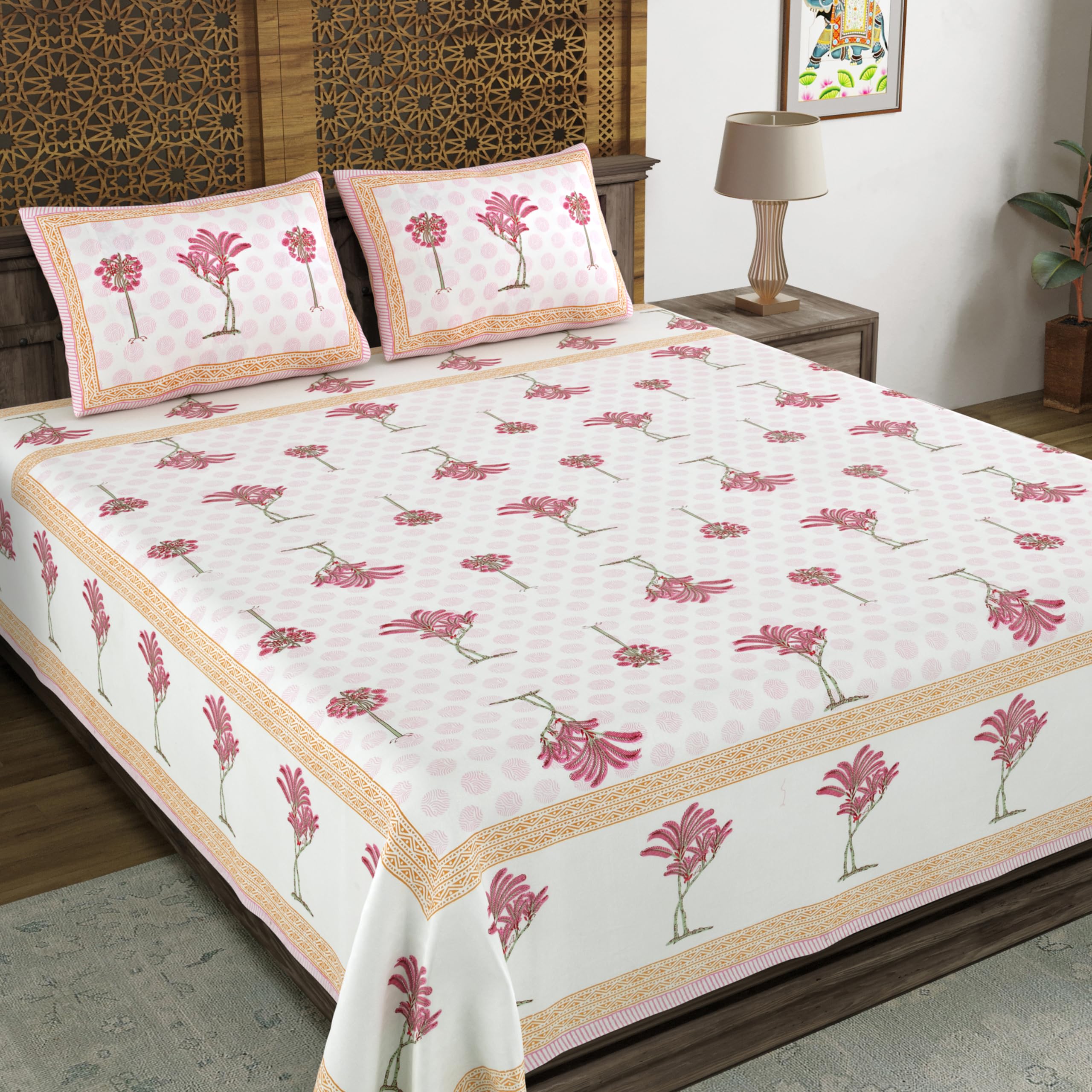 Blocks Of India Hand Block Printed 200 Tc Cotton Super King Size Bedsheet(106 X 106) (Pink Tree)