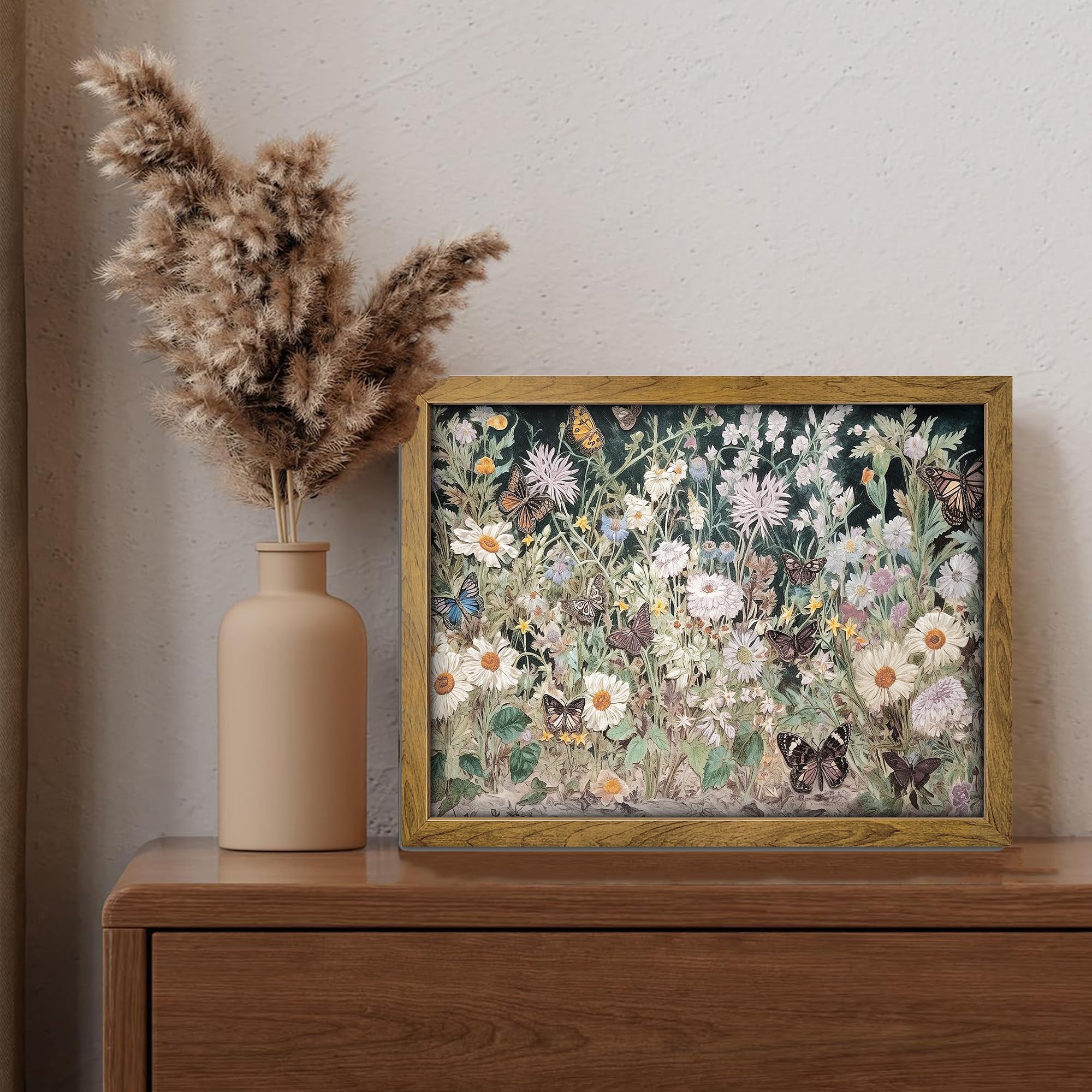 Banmu Wildflowers Butterfly Garden Painting - Spring Dark Botanical Wall Art, Jewel Toned Floral Painting For Bedroom Decor, Liv