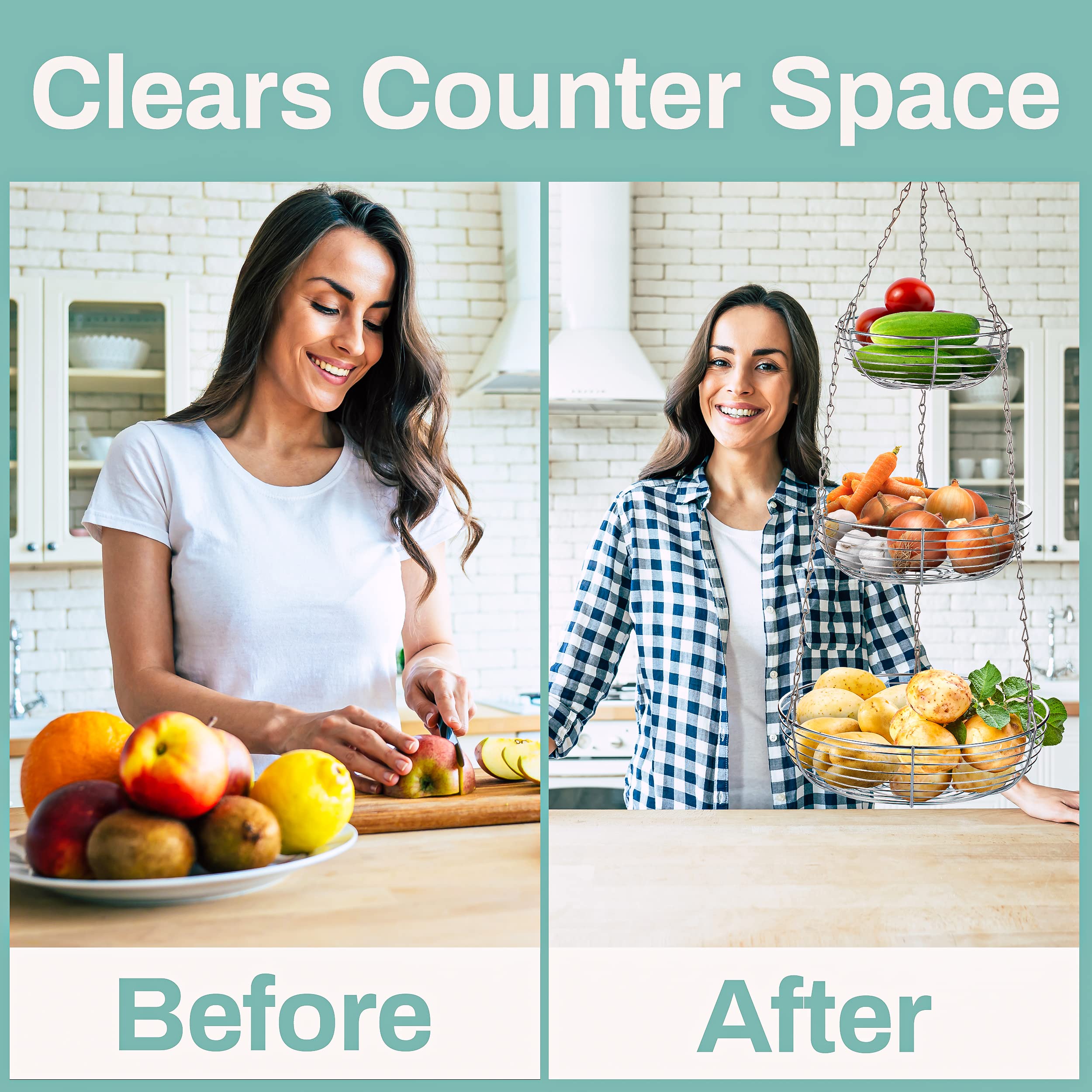 Heavy Duty 3-Tier Hanging Fruit And Vegetable Basket With 2 Metal Ceiling Hooks, Chrome