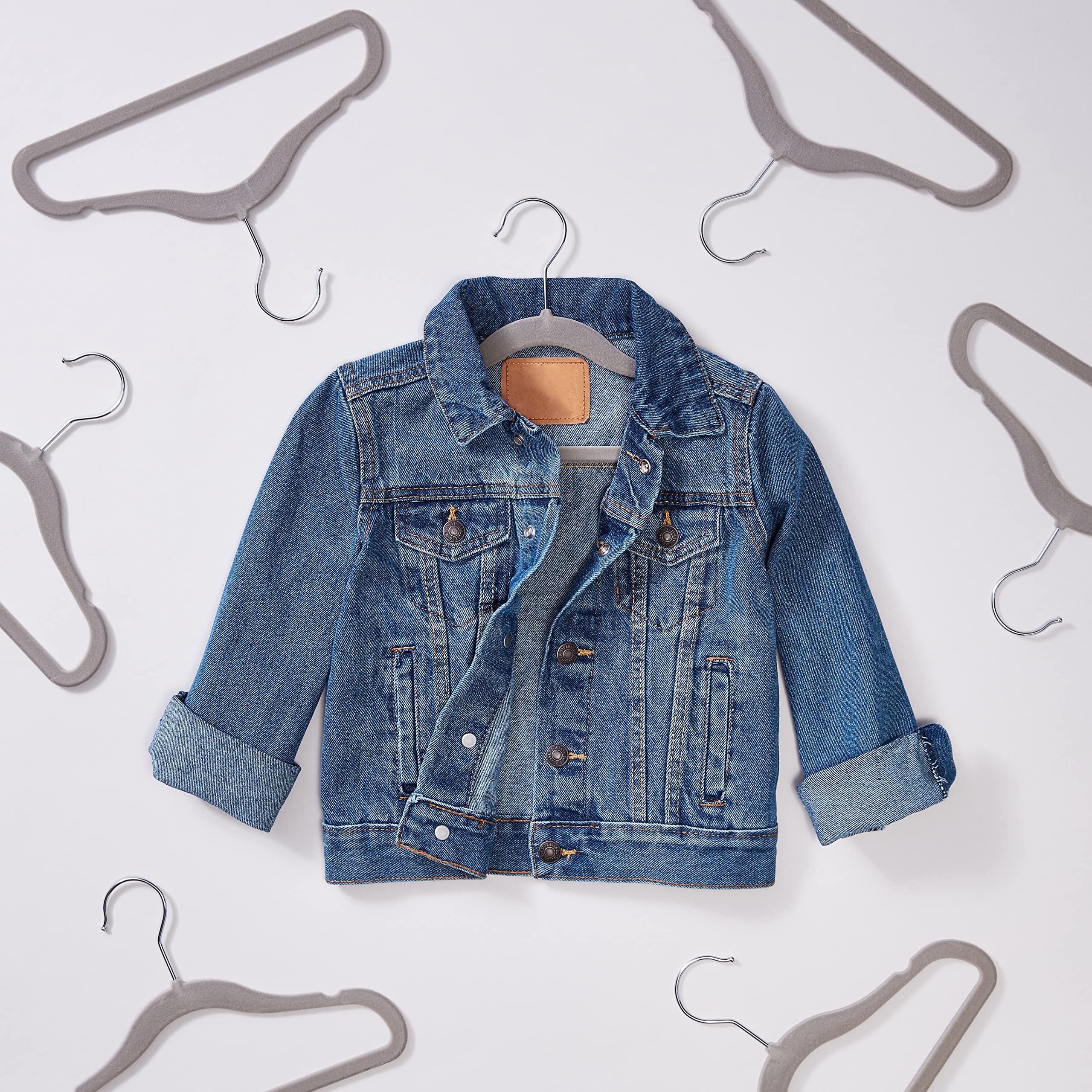 Amazon Basics Kids Velvet, Non-Slip Clothes Hangers For Infant And Toddler, 11.6 Inches (For Baby Clothes), Pack Of 50, Gray