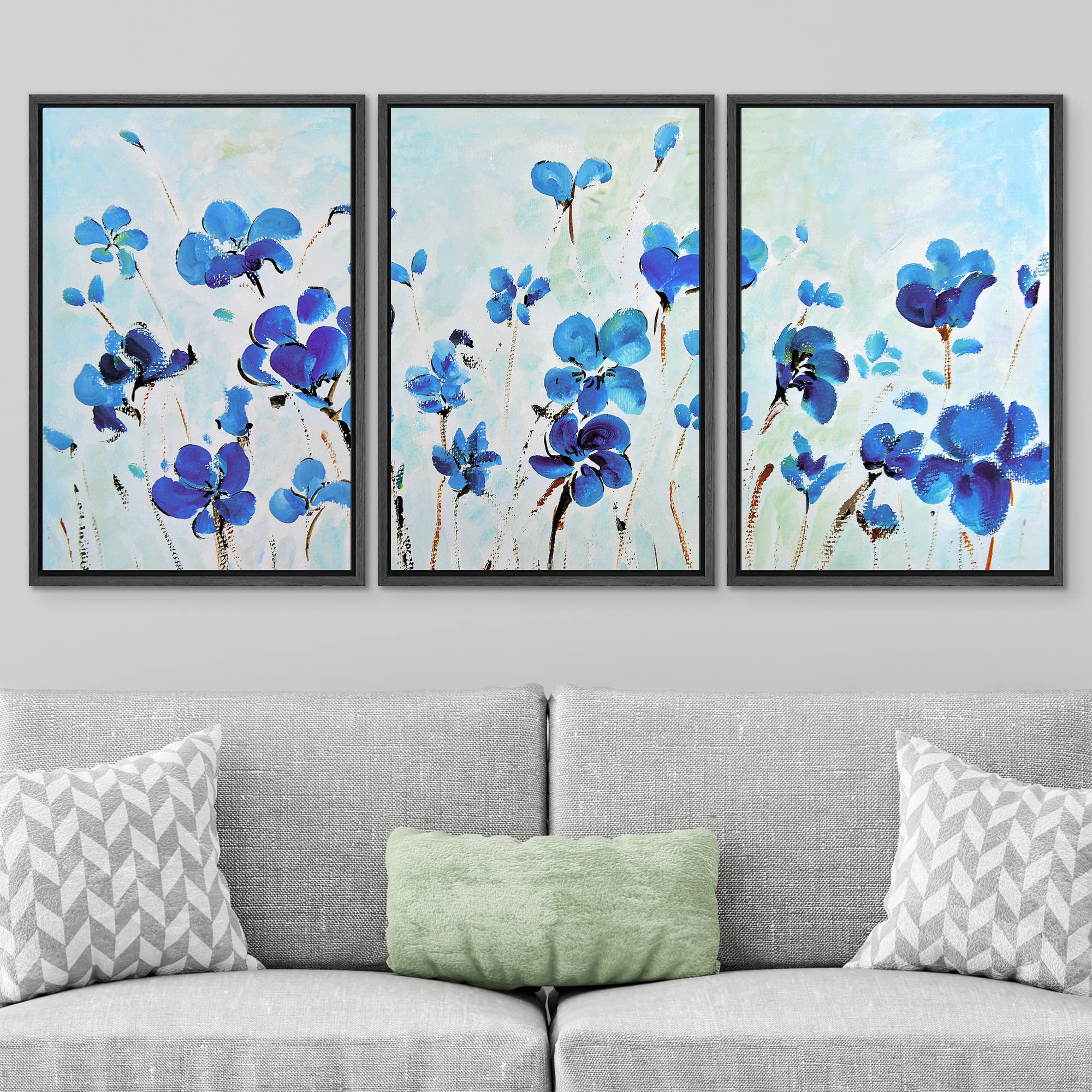 Signwin Framed Canvas Print Wall Art Set Pastel Blue Poppy Flower Wilderness Plants Illustrations Modern Art Farmhouse/Country L