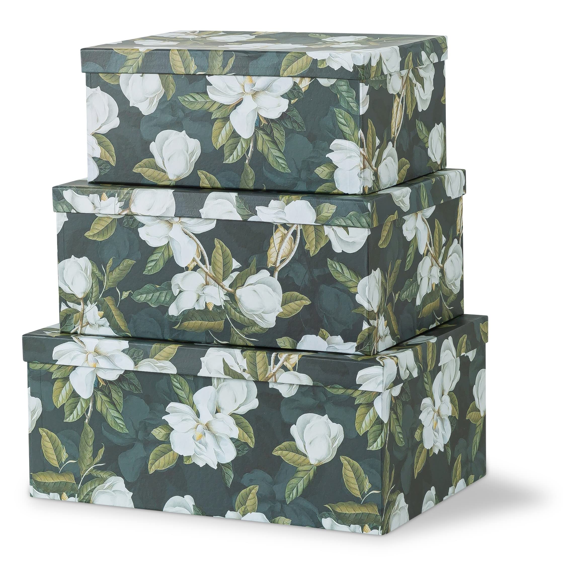 Soul & Lane Decorative Storage Cardboard Boxes with Lids | Midnight Gardenia - Set of 3 | Black Dramatic Paperboard Nesting Boxe