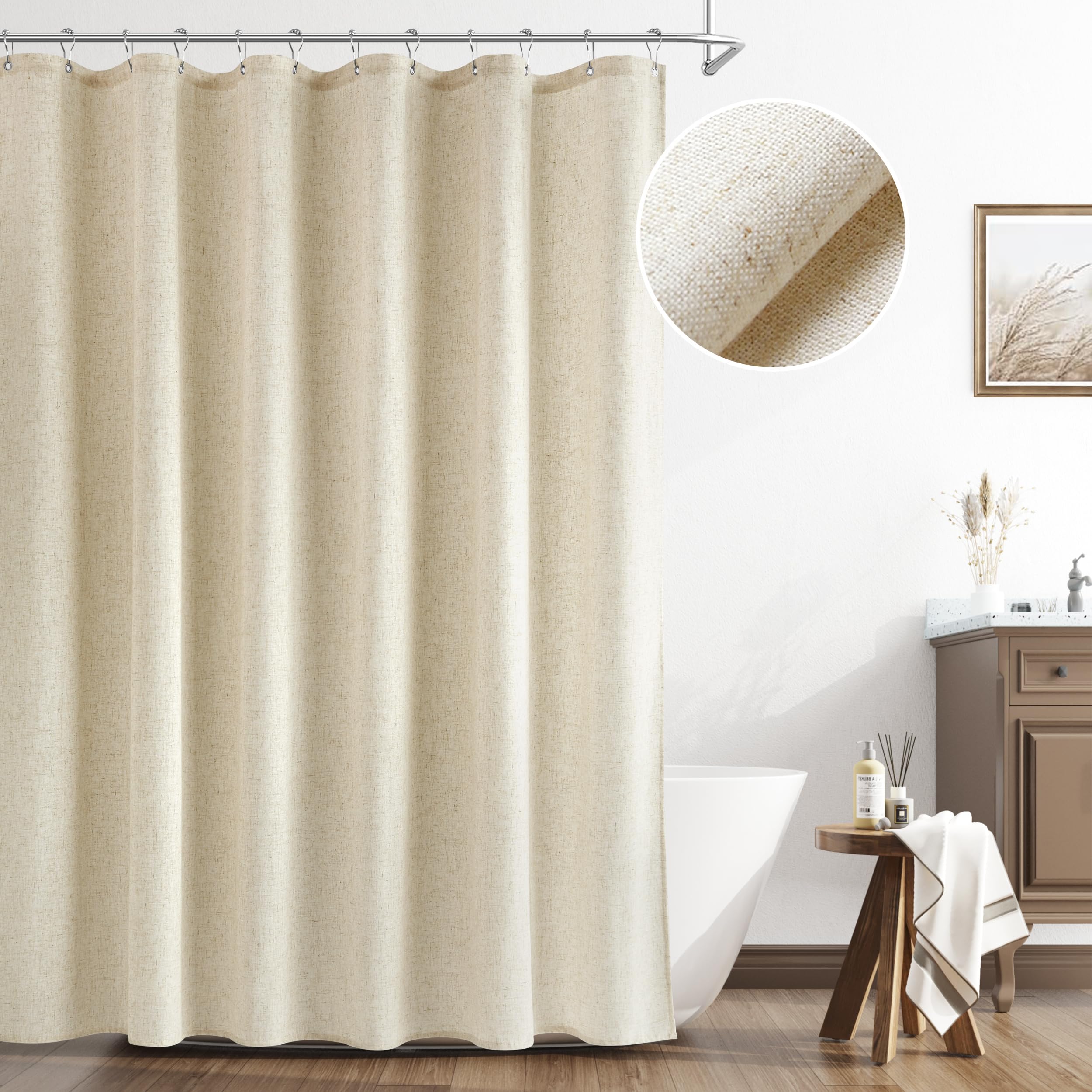 Naturoom Natural Linen Shower Curtain, Country Boho Farmhouse Bath Decor Beige Shower Curtains For Bathroom Neutral Cloth Weight