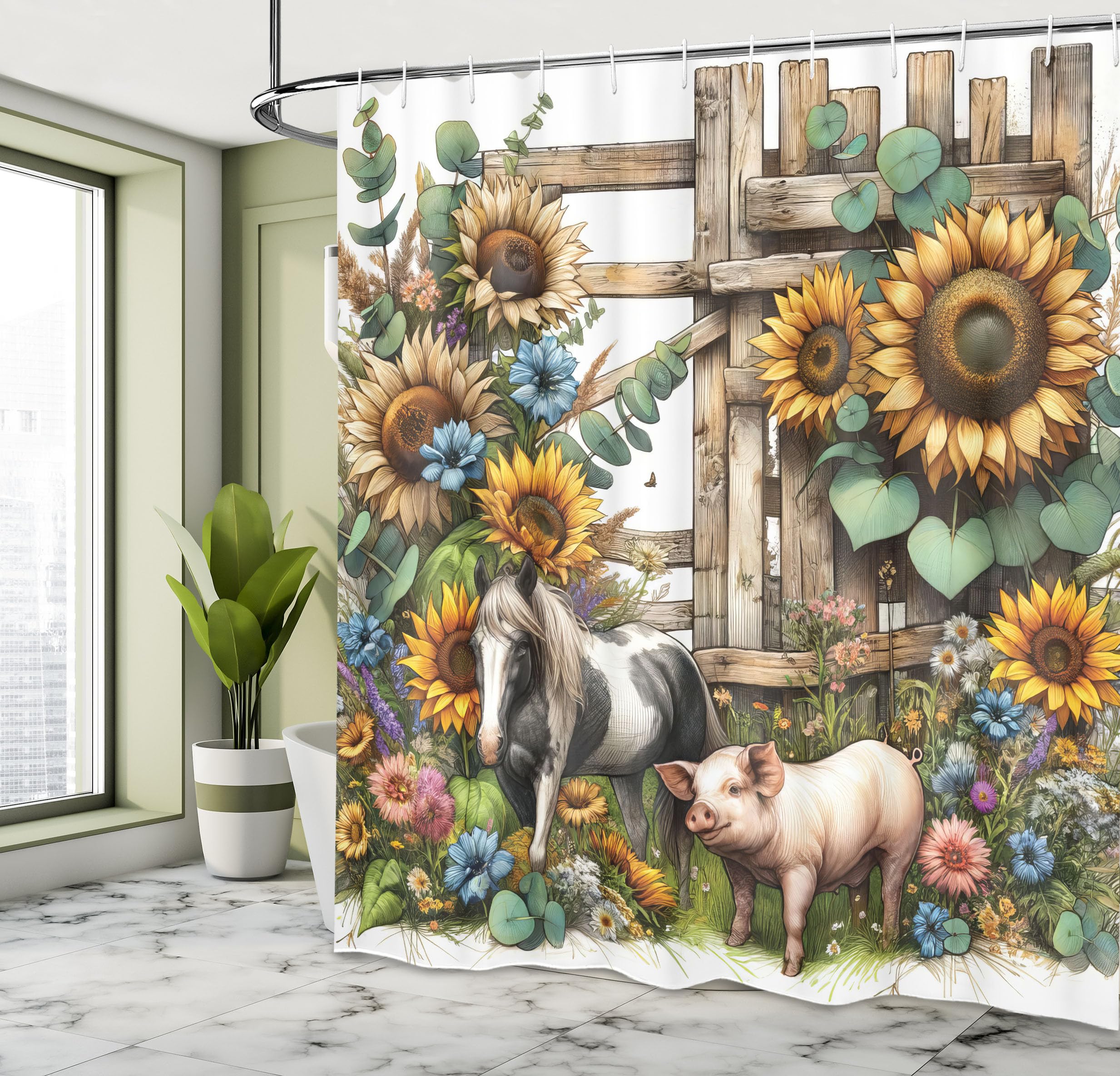 Ambesonne Rustic Shower Curtain, Vintage Farmhouse Theme With Sunflowers Pony Horse And Pig Colorful Garden, Cloth Fabric Bathro