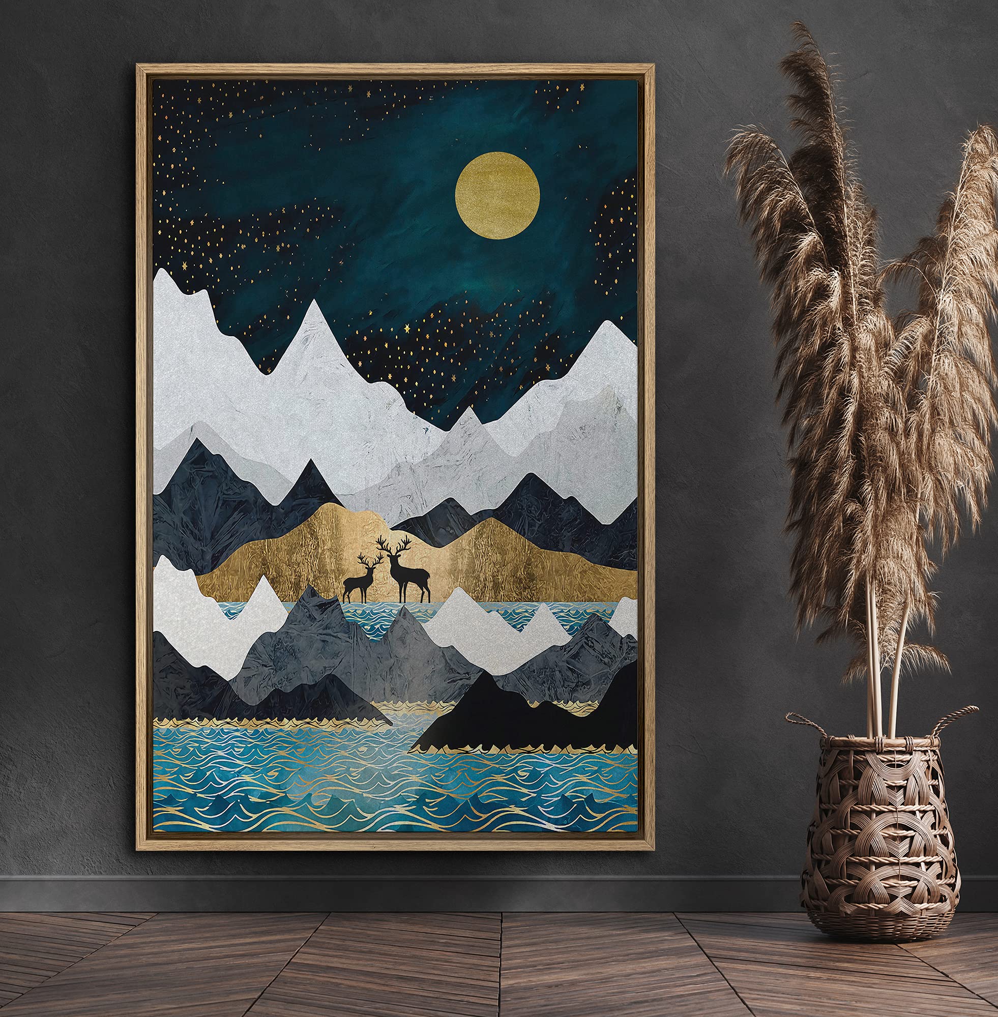 Signford Framed Canvas Print Wall Art Elk Duo With Multicolor Mountains & Blue Sea Abstract Wilderness Illustrations Modern Art