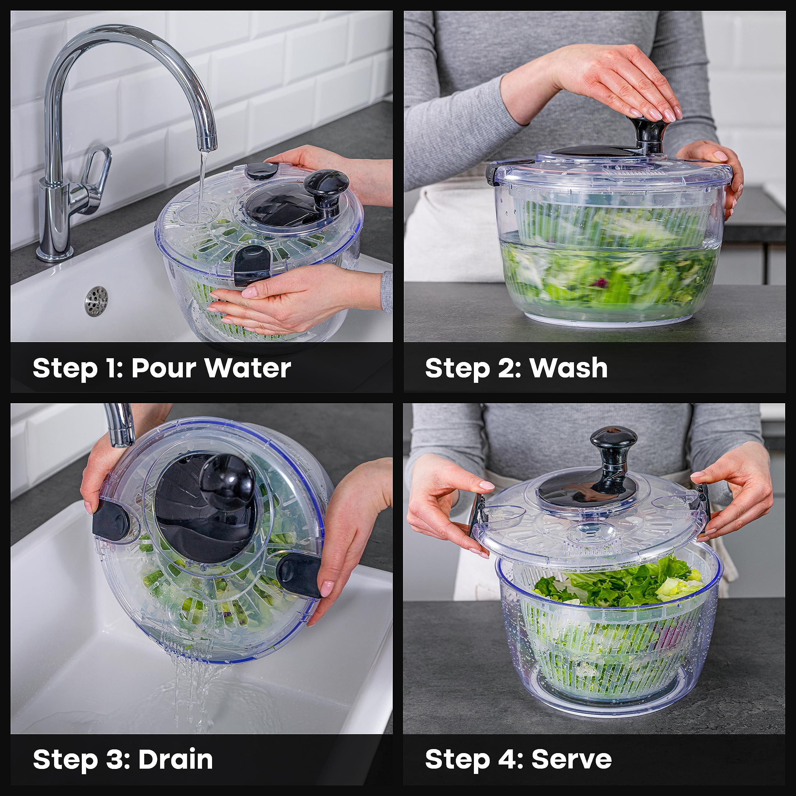 Joined Large Salad Spinner With Drain, Bowl, And Colander - Quick And Easy Multi-Use Lettuce Spinner, Vegetable Dryer, Fruit Was