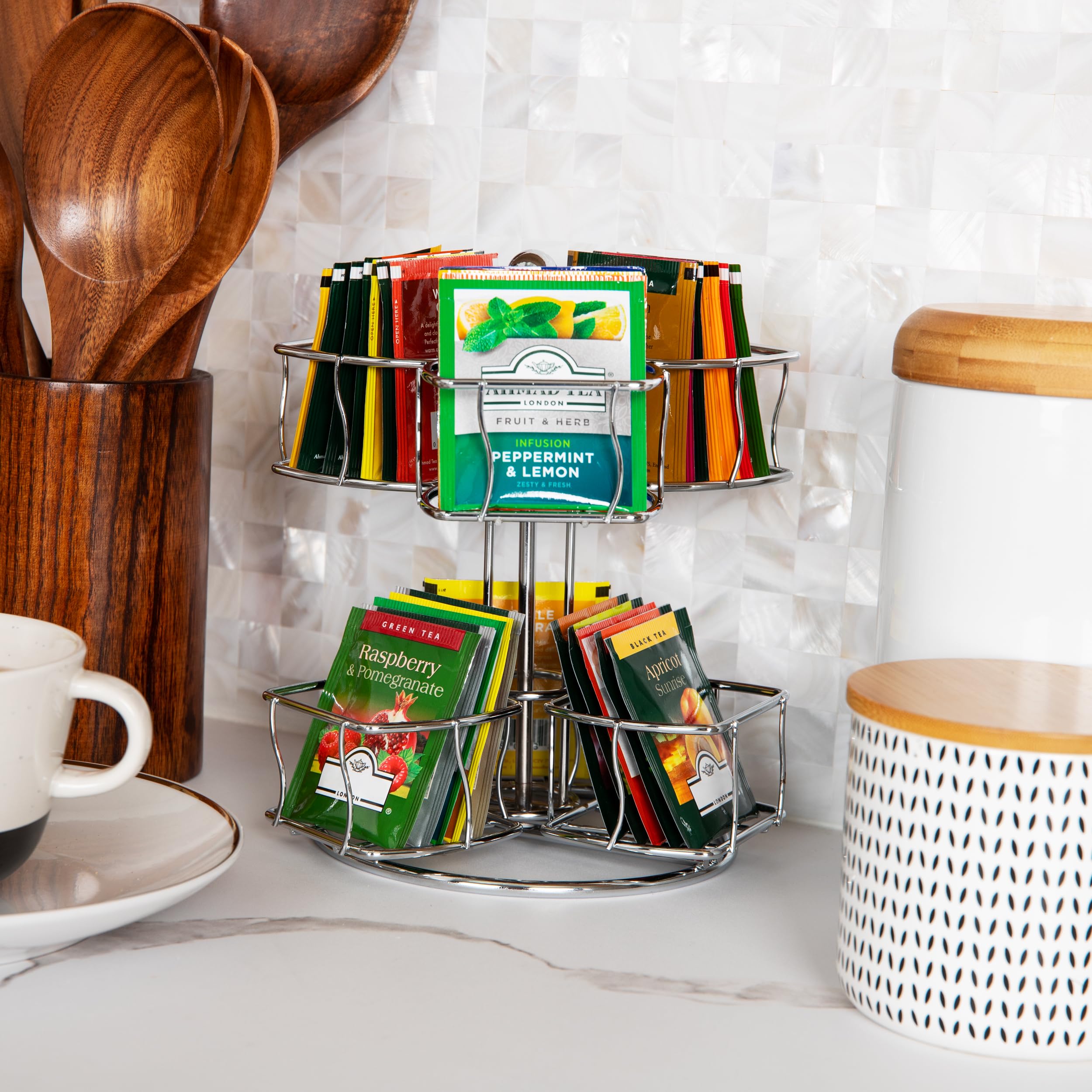 Mind Reader Tea Bag Carousel, Tea Station Organizer, Countertop Storage, Kitchen, Metal, 7'' L X 7'' W X 8.25'' H, Silver