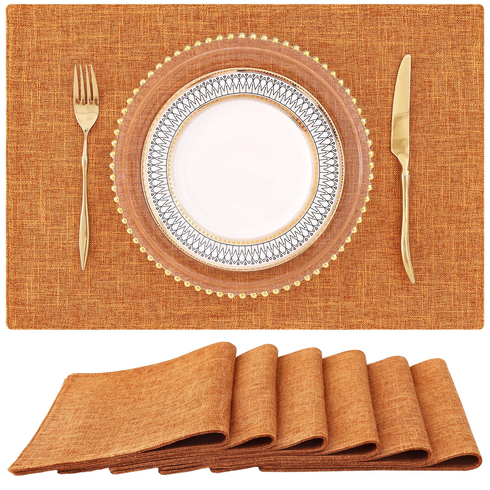 Homing Orange Cloth Placemats Set Of 6 - Cotton Linen Blend Washable Farmhouse Dining Table Mats For Fall & Thanksgiving, Easy T