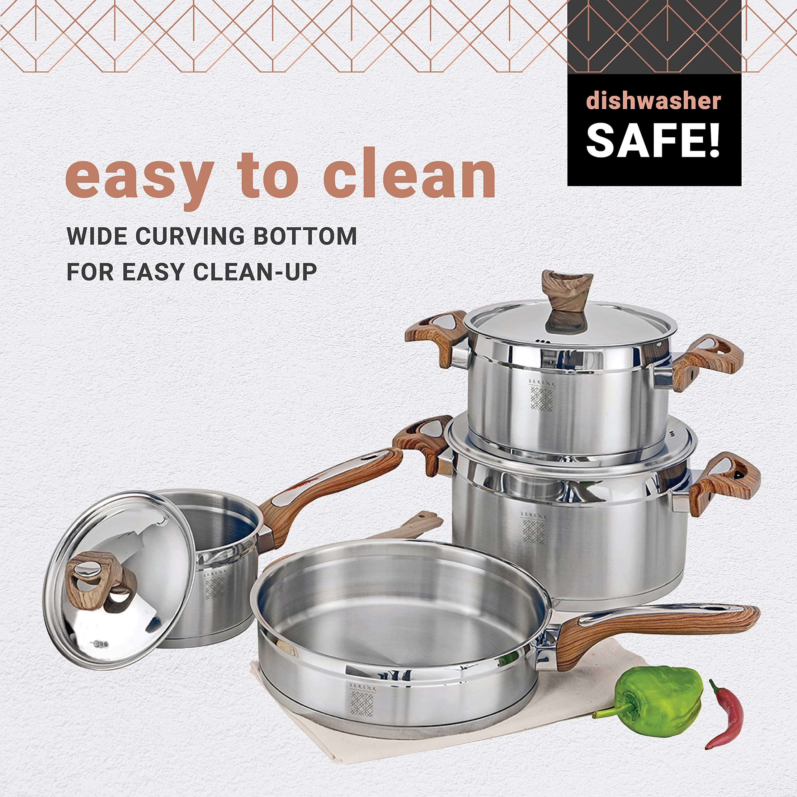 Serenk 7-Piece Stainless Steel Cookware Set, Induction Compatible, Includes Stock Pot, Cooking Pot, Frying Pan, and Sauce Pan wi