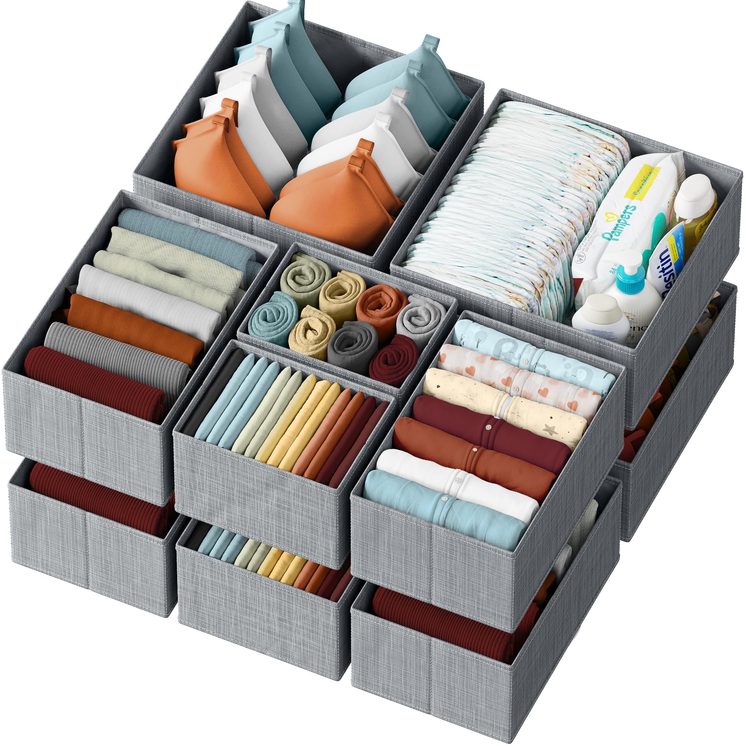 Drawer Organizer Clothes Set of 12 Grey - Dresser Organizer For Nursery, Bedroom, Closet - The Perfect Baby Clothes Organizer an