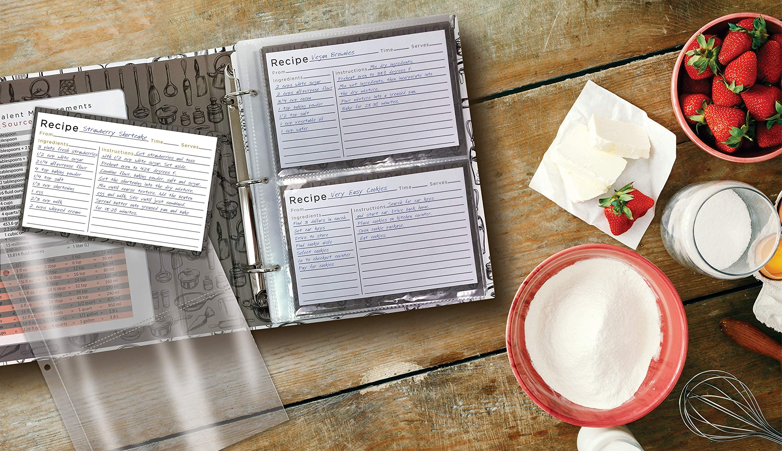 Better Kitchen Products Recipe Binder, 8.5'' X 9.5'' 3 Ring Binder Organizer Set (With 50 Page Protectors, 100 4'' X 6'' Recipe