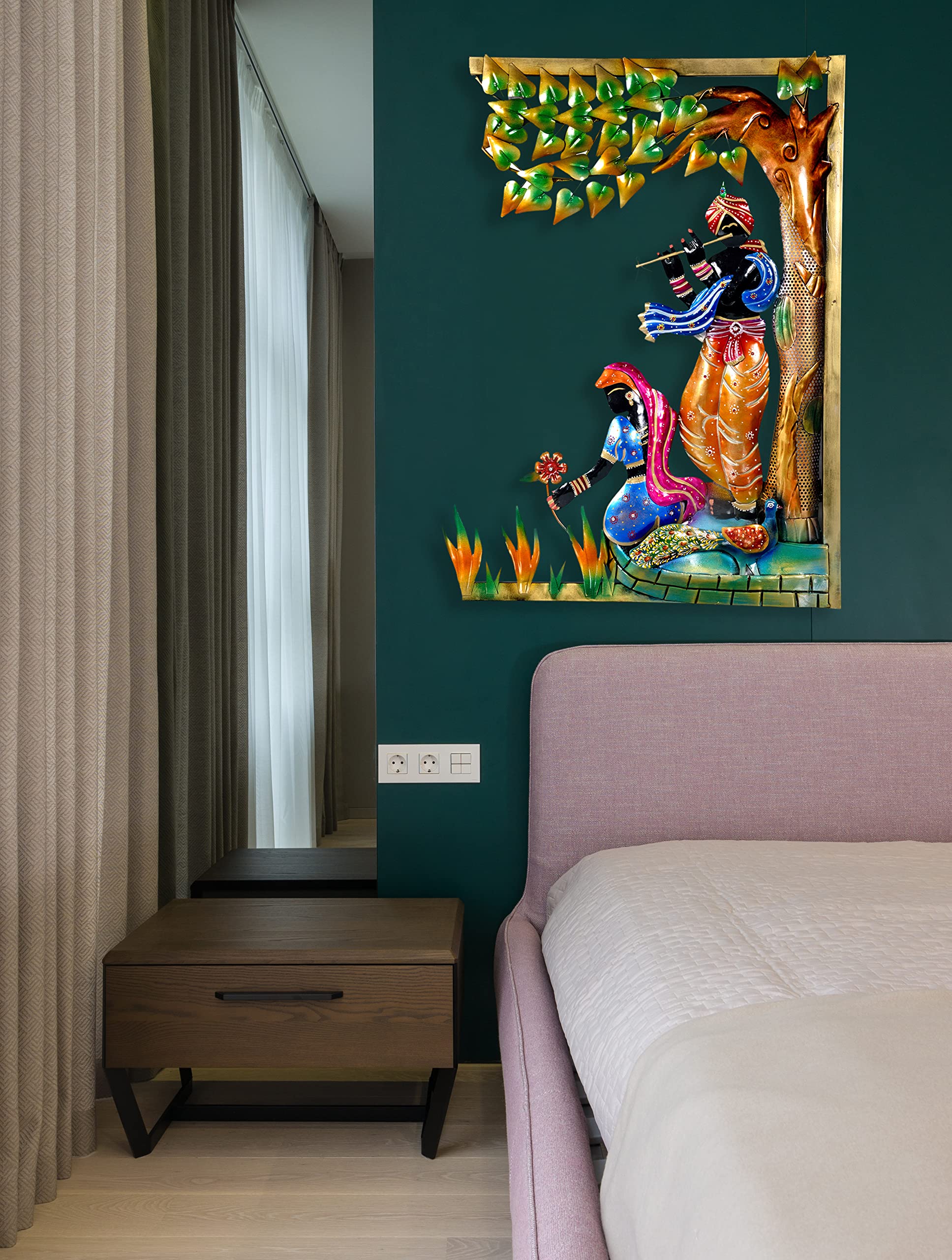 Craftbee Radhe Krishna Metal Emboss Painting God Large Wall Hanging Tree Frame Sculpture | For Home Decor & Office Gift Wall Fig