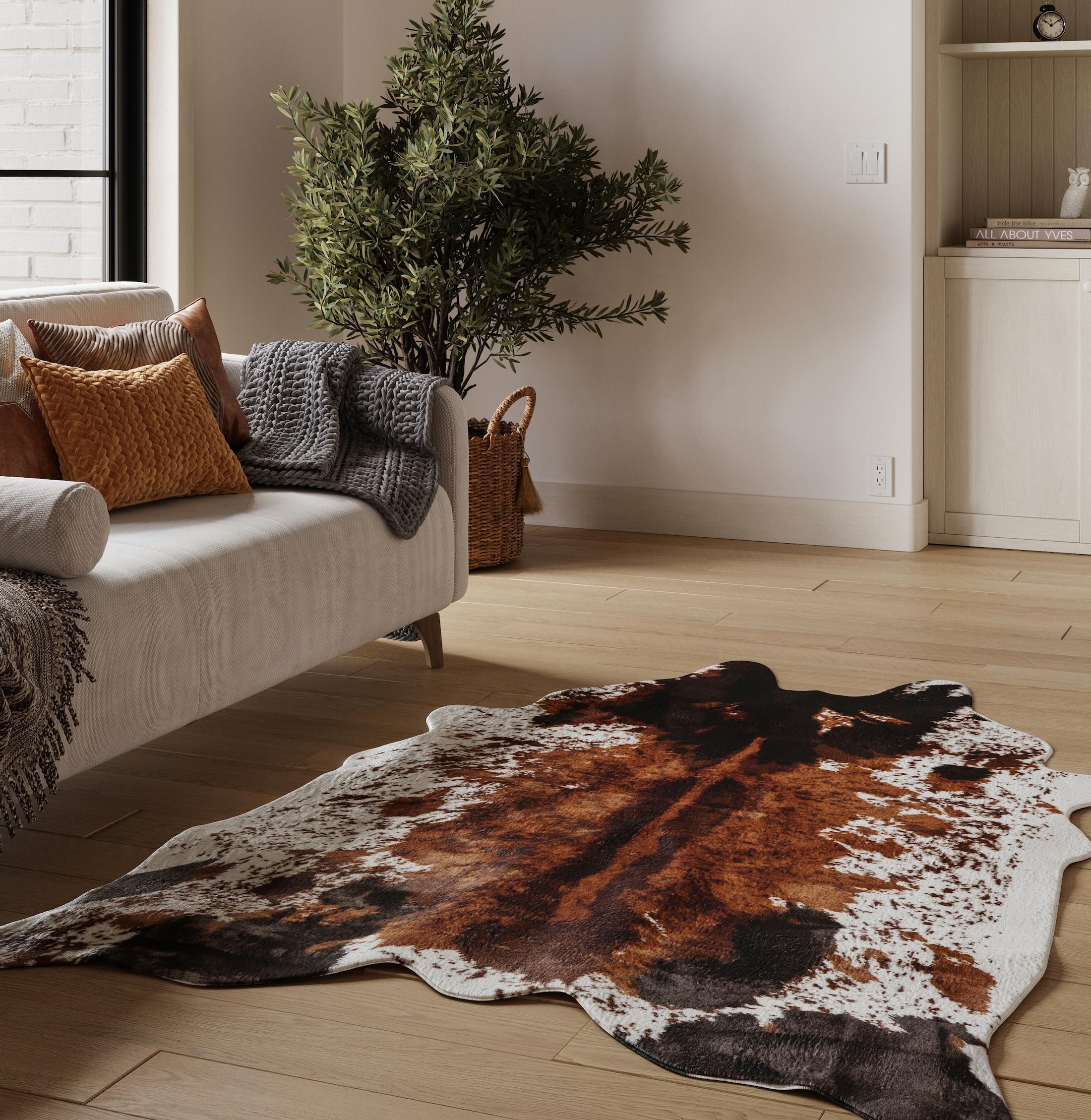 NativeSkins Faux Cowhide Rug (4.6ft x 6.6ft) - Original Brown Mix (Large) - Cow Print Area Rug with Faux Suede No-Slip Backing, 