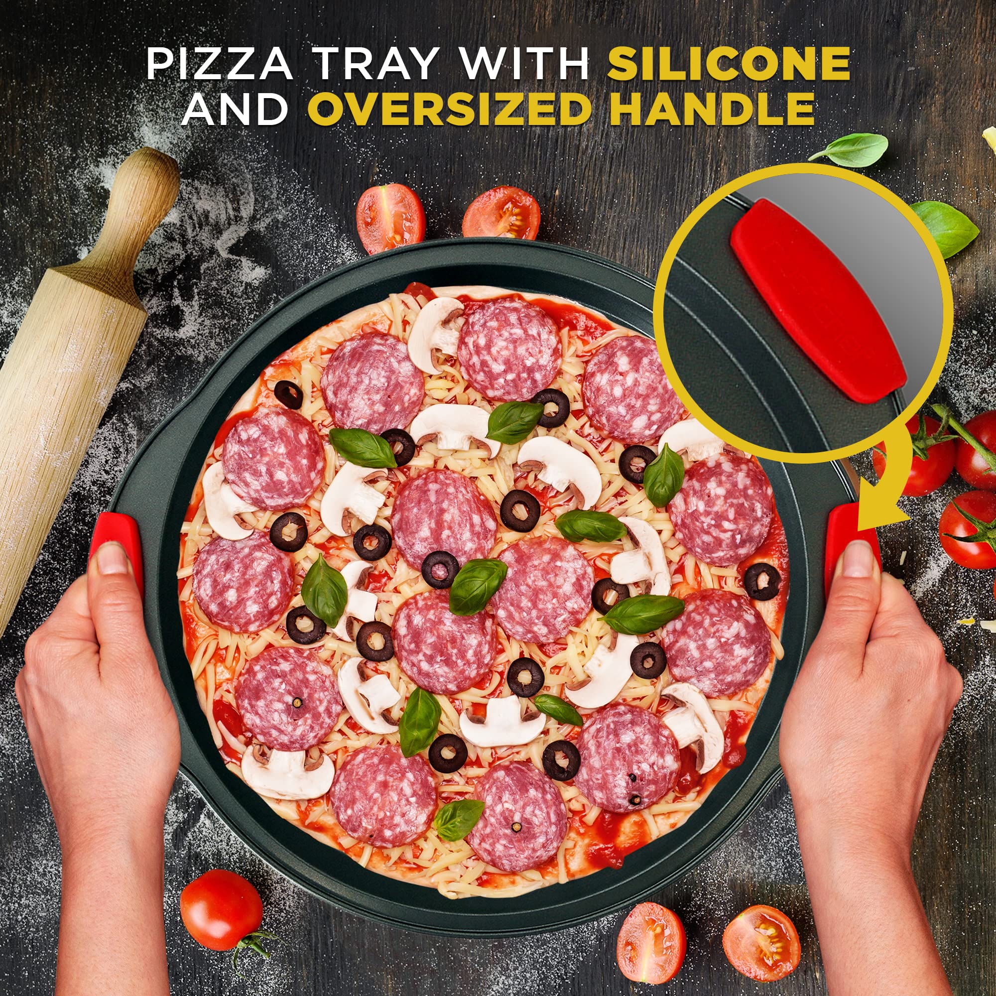 Nutrichef 2-Piece 13-Inch Nonstick Pizza Tray, Round Carbon Steel Non-Stick Pizza Baking Pan With Perforated Holes, Premium Bake