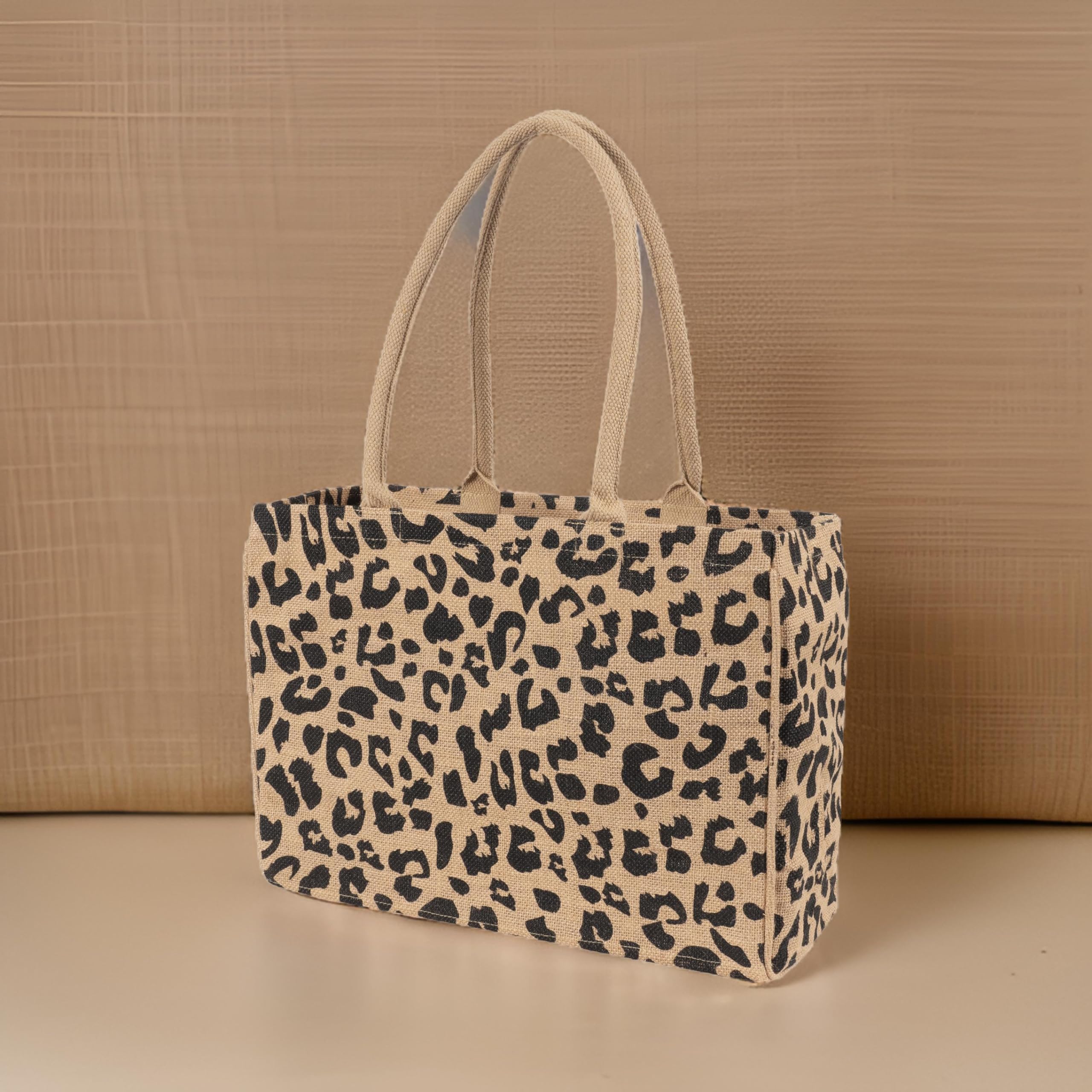 Kaf Home Jute Market Tote Bag, Leopard Print, Durable Handle, Reinforced Bottom And Interior Zipper Pocket