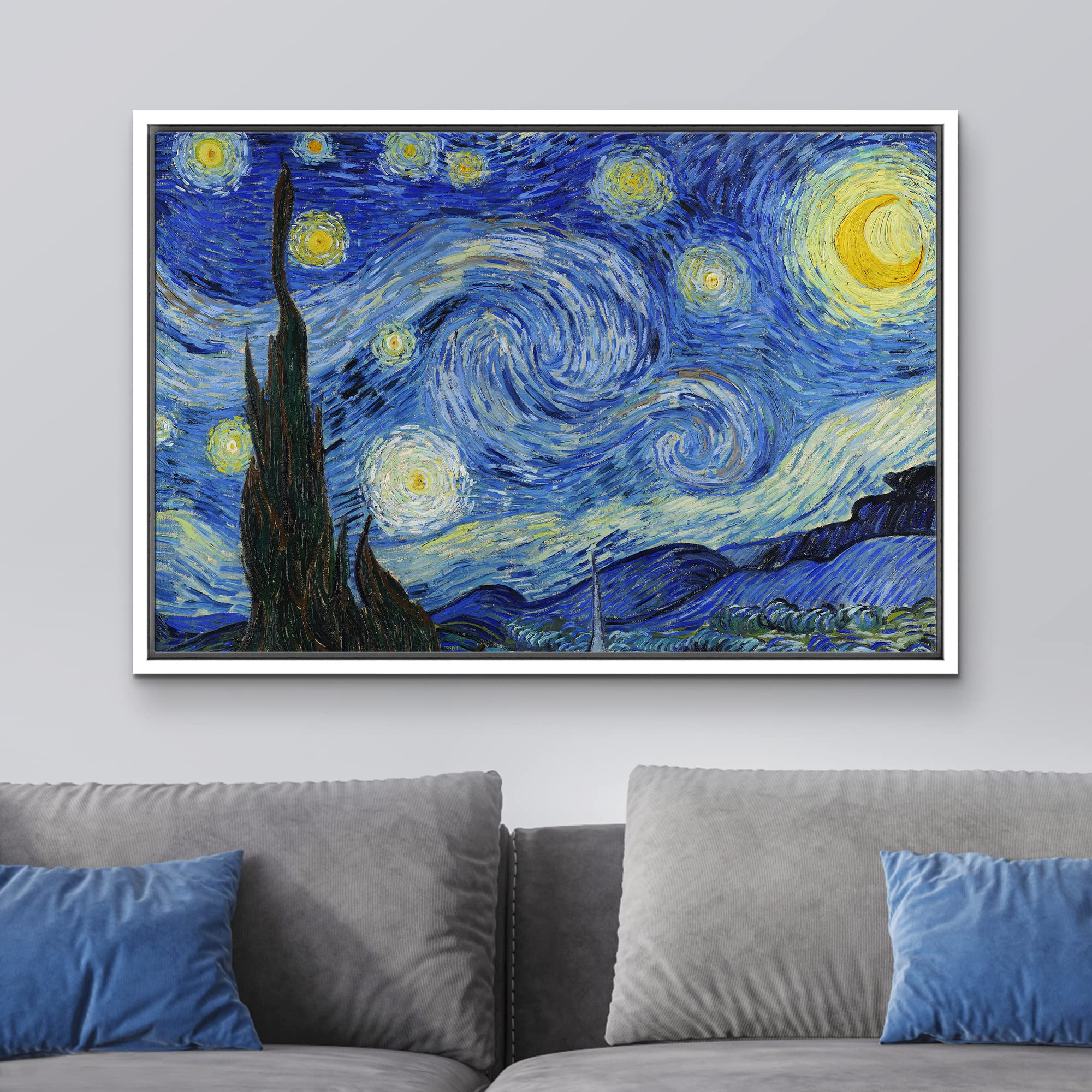 Wall26 - Starry Night By Vincent Van Gogh - Framed Canvas Art Wall Art - 16''X24'' White