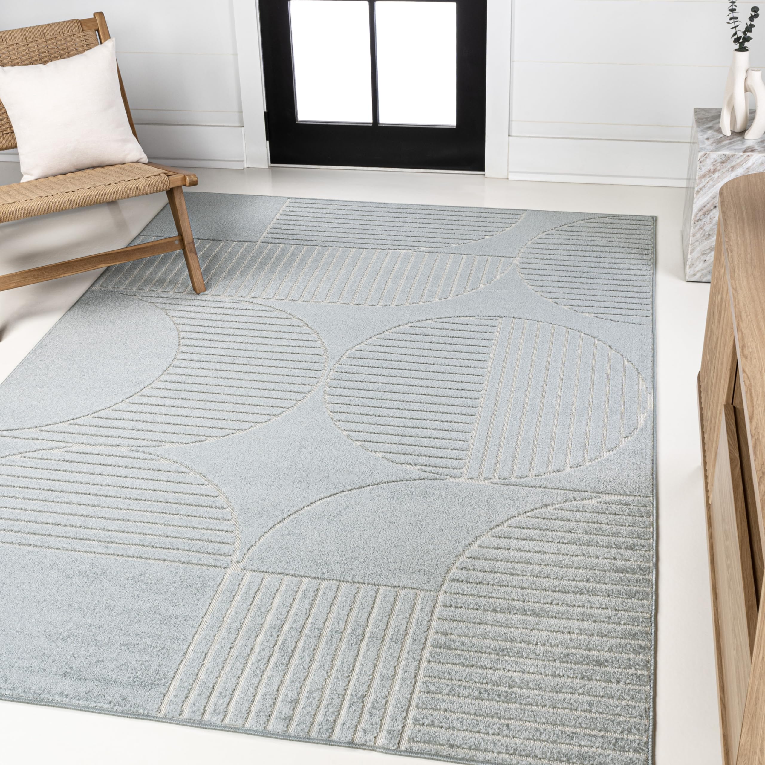 JONATHAN Y SCN104F-3 Nordby High-Low Geometric Arch Scandi Striped Light Blue/Cream 3 ft. x 5 ft. Indoor/Outdoor Area Rug for Pa