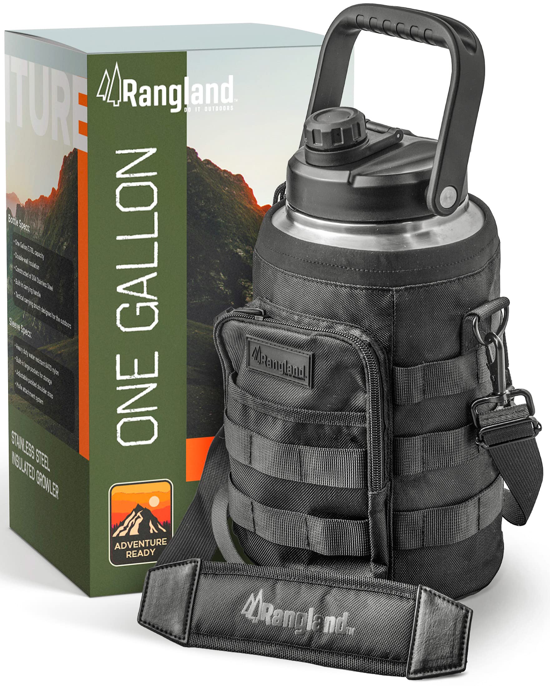 Rangland Insulated 1 Gallon Water Bottle With Sleeve - Stainless Steel Wide Mouth Growler With Tactical Carrying Bag - Insulatio