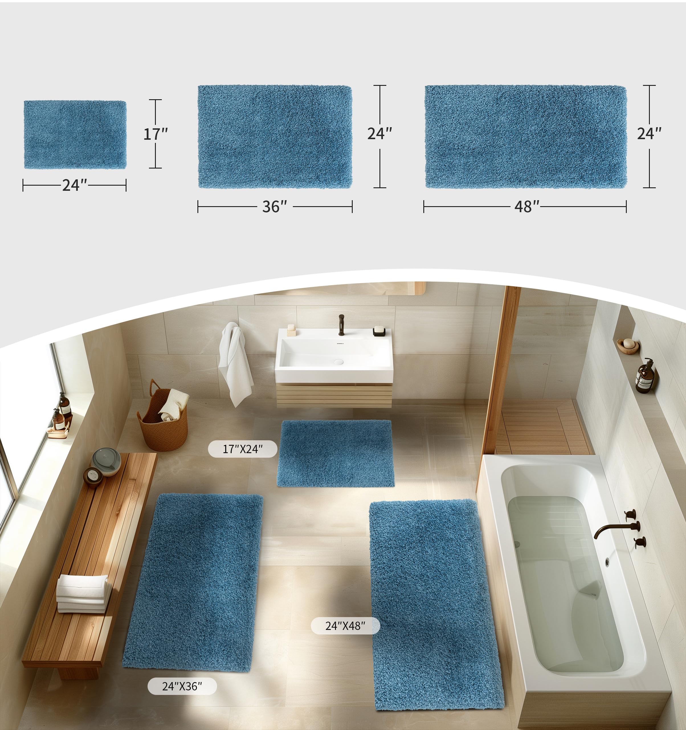 Disolla Blue Bathroom Rug 24X48 Non Slip Fluffy Bath Mat For Bathroom Floor Washable Plush Luxury Bath Rug For Tub Soft Shaggy B