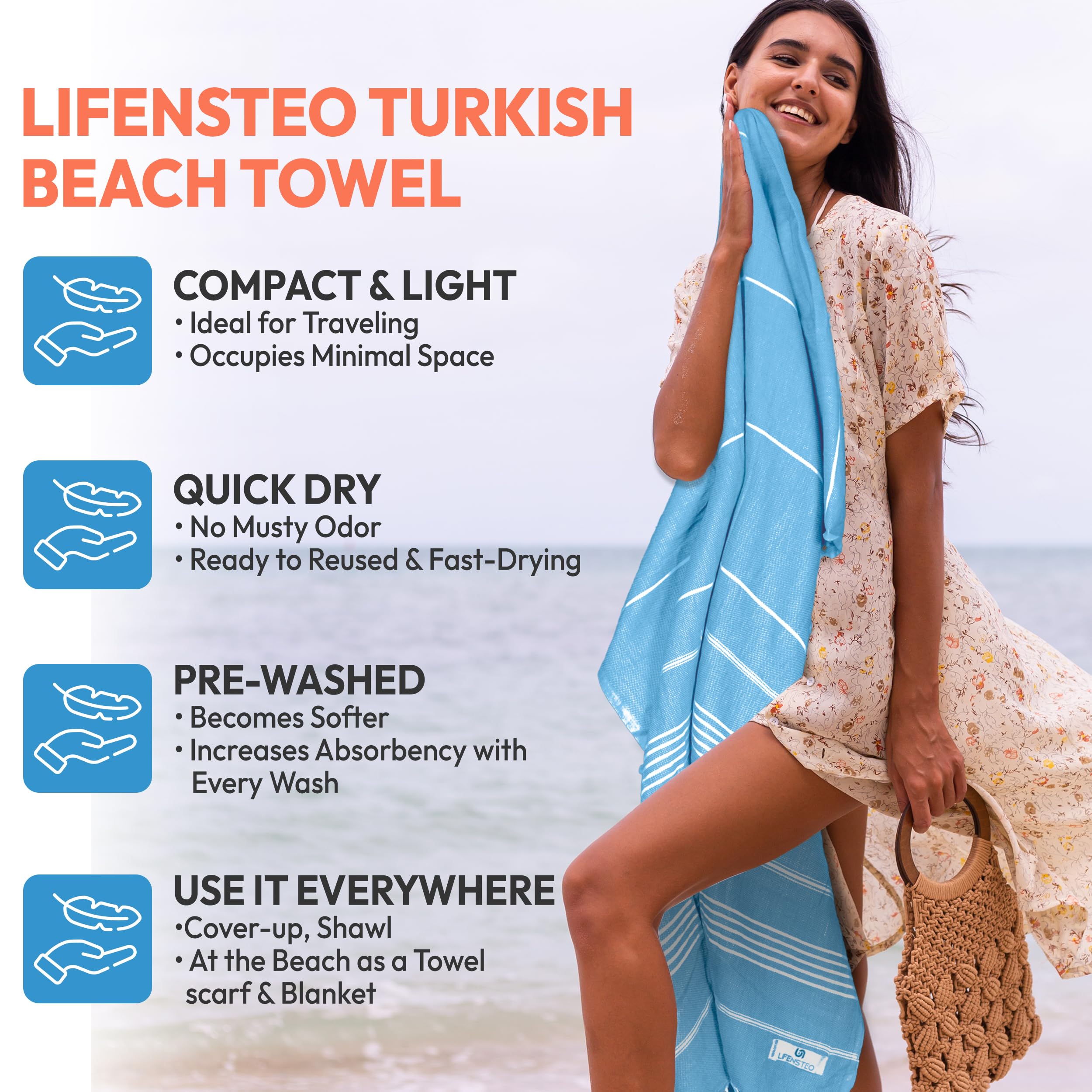 Lifensteo Turkish Beach Towel - 40X71 Inch Oversized Sand Resistant Prewashed Turkish Towel - 100% Turkish Cotton Quick Drying,