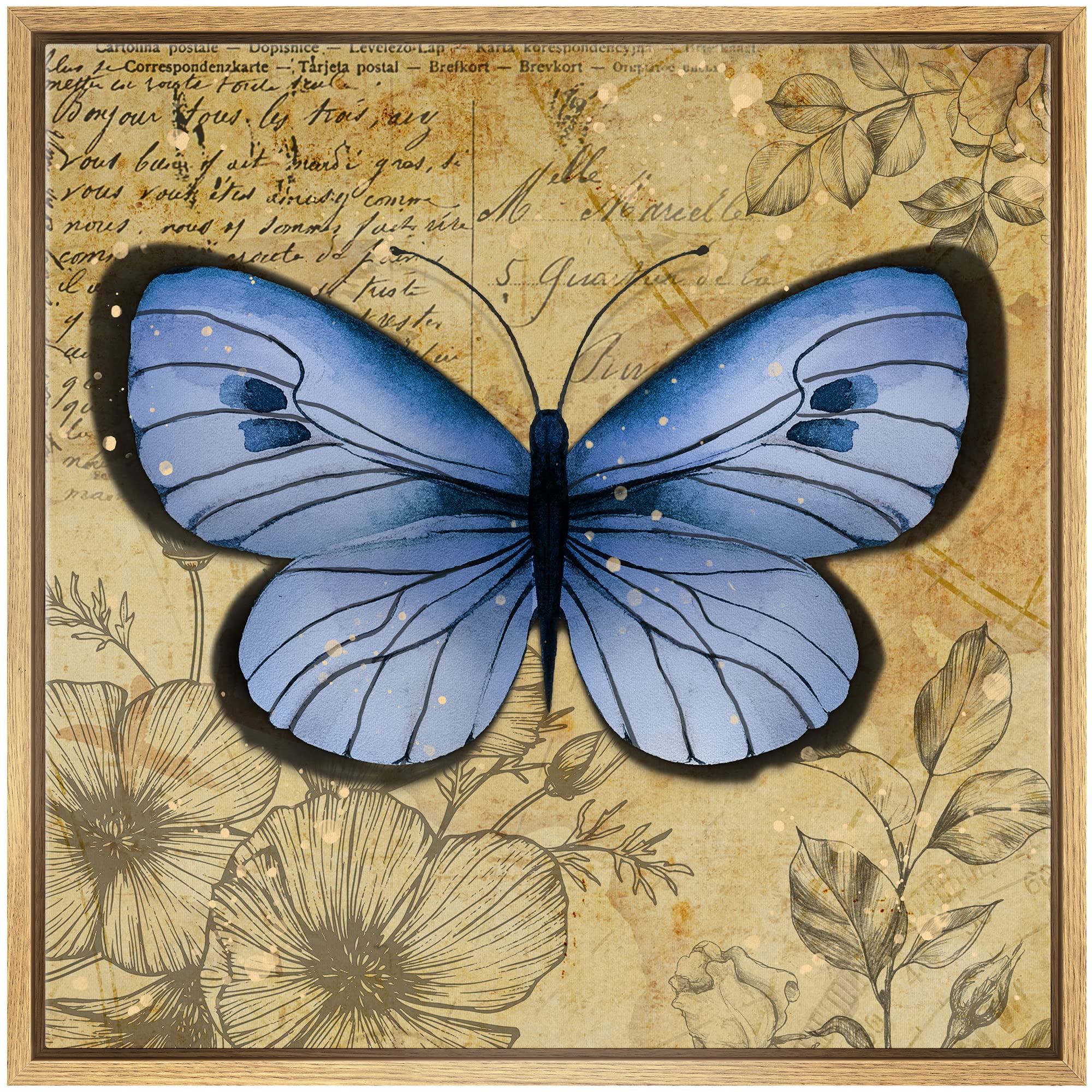 Wall26 Framed Canvas Print Wall Art Pastel Blue Butterfly Floral Pattern Nature Wilderness Rustic Modern Art Farmhouse Decorativ