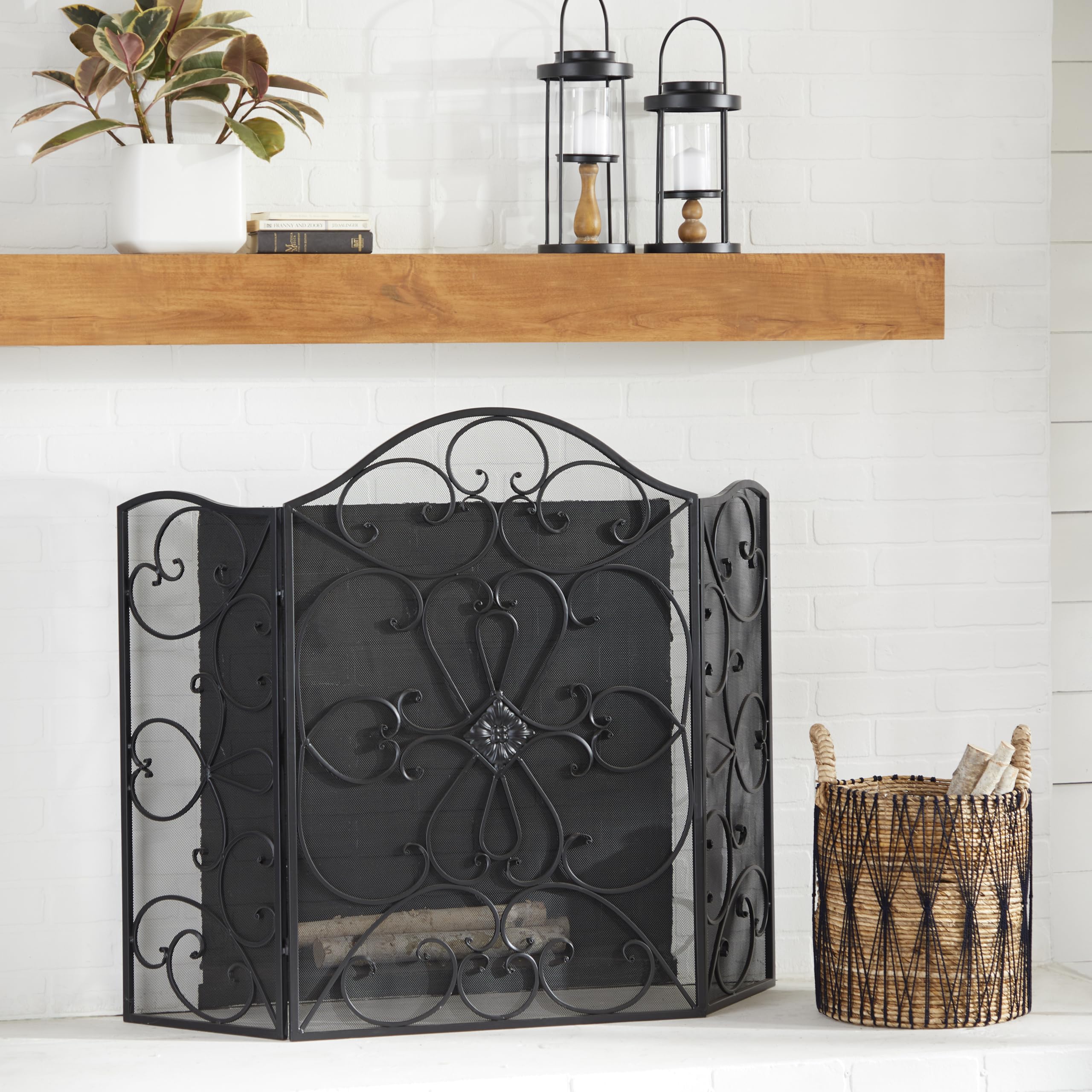 Deco 79 Metal Scroll Foldable 3 Panel Fireplace Screen With Mesh Netting, 49'' X 1'' X 36'', Black