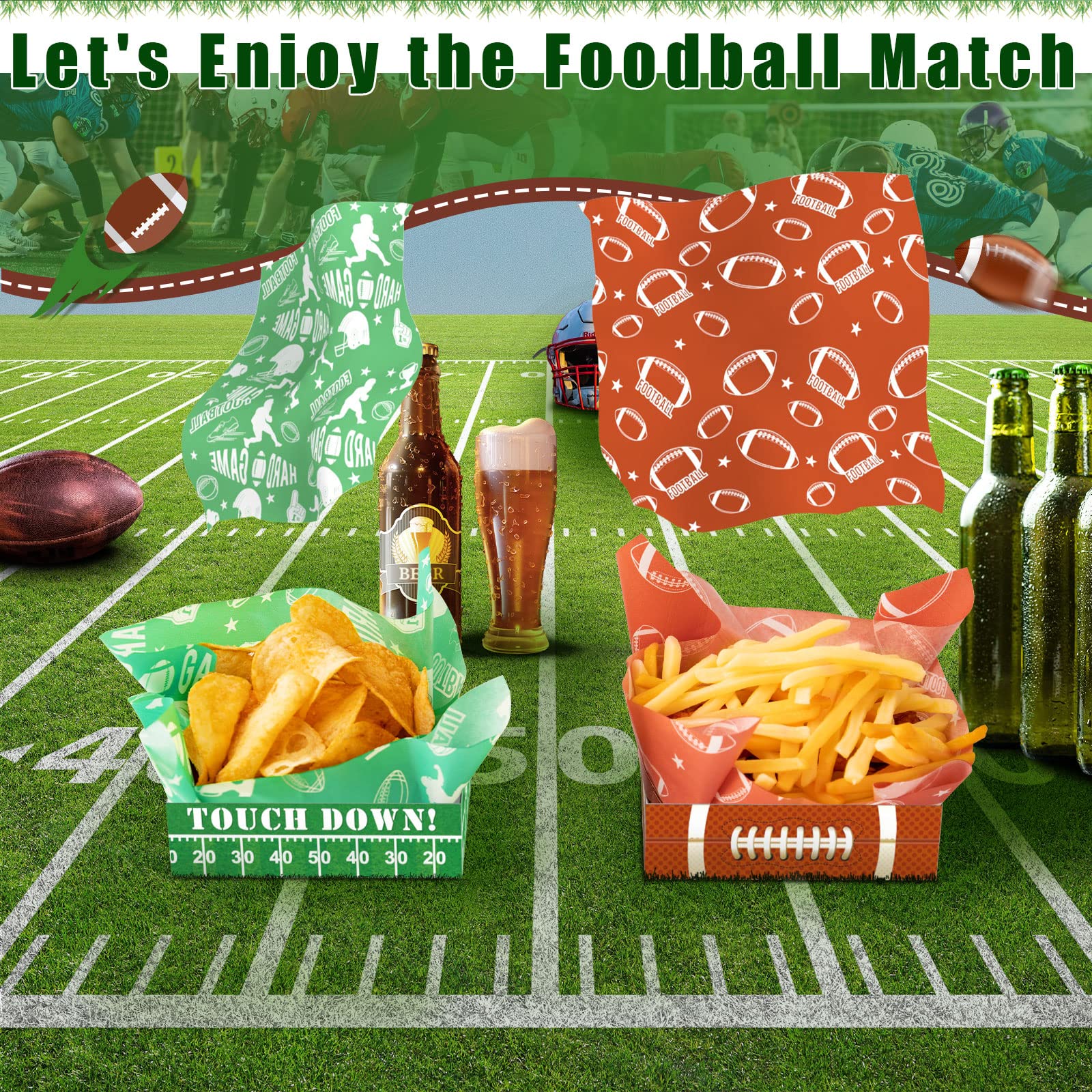 Axyi 50 Pack Football Party Paper Food Trays, Superbowl Party Decorations, Disposable Food Serving Paper, Football Party Food Bo