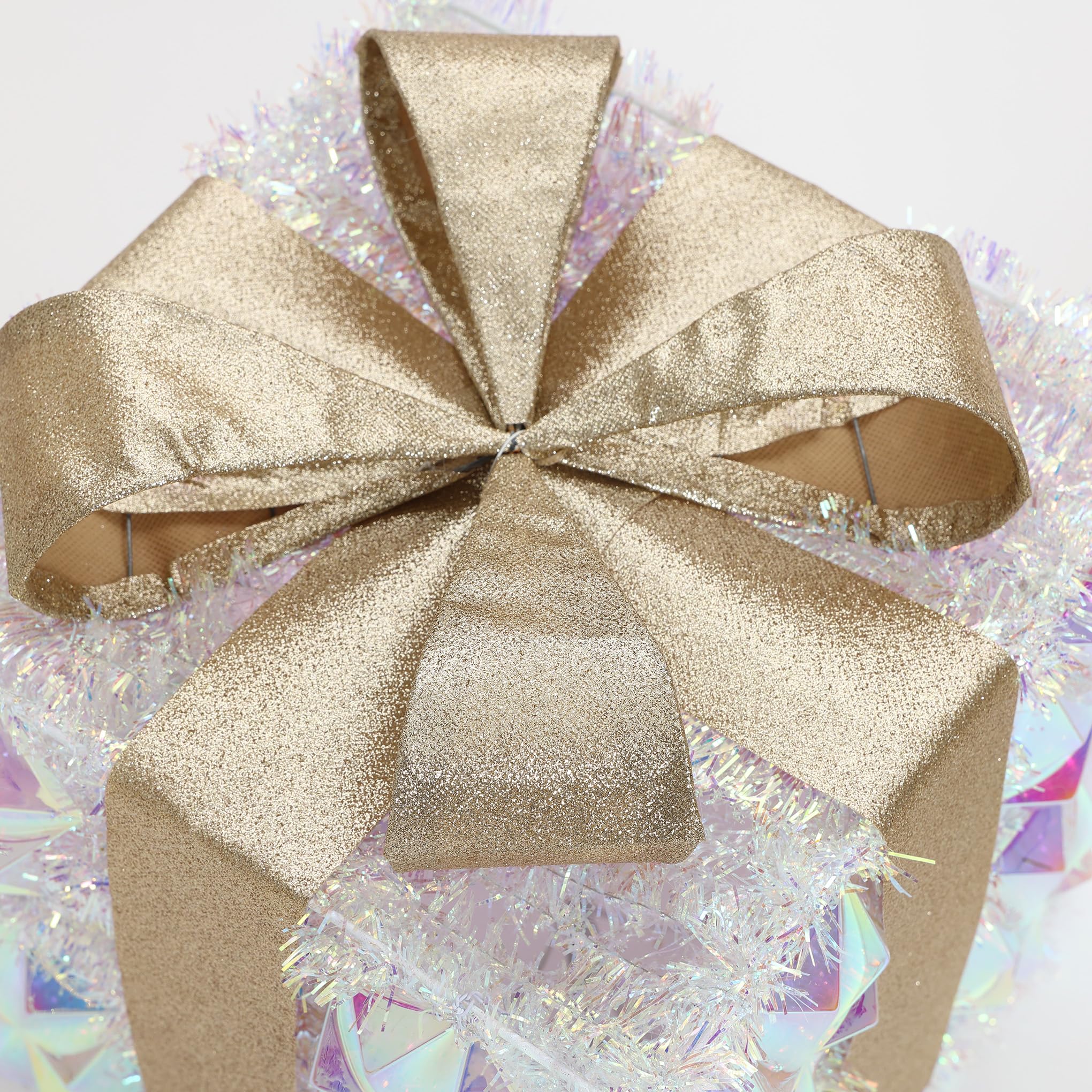 LuxenHome Set of 3 Lighted Gift Boxes, Plug-in Silver Prism with Gold Ribbon Bow Boxes with 70 LED Lights for Entryway, Lawn, Po