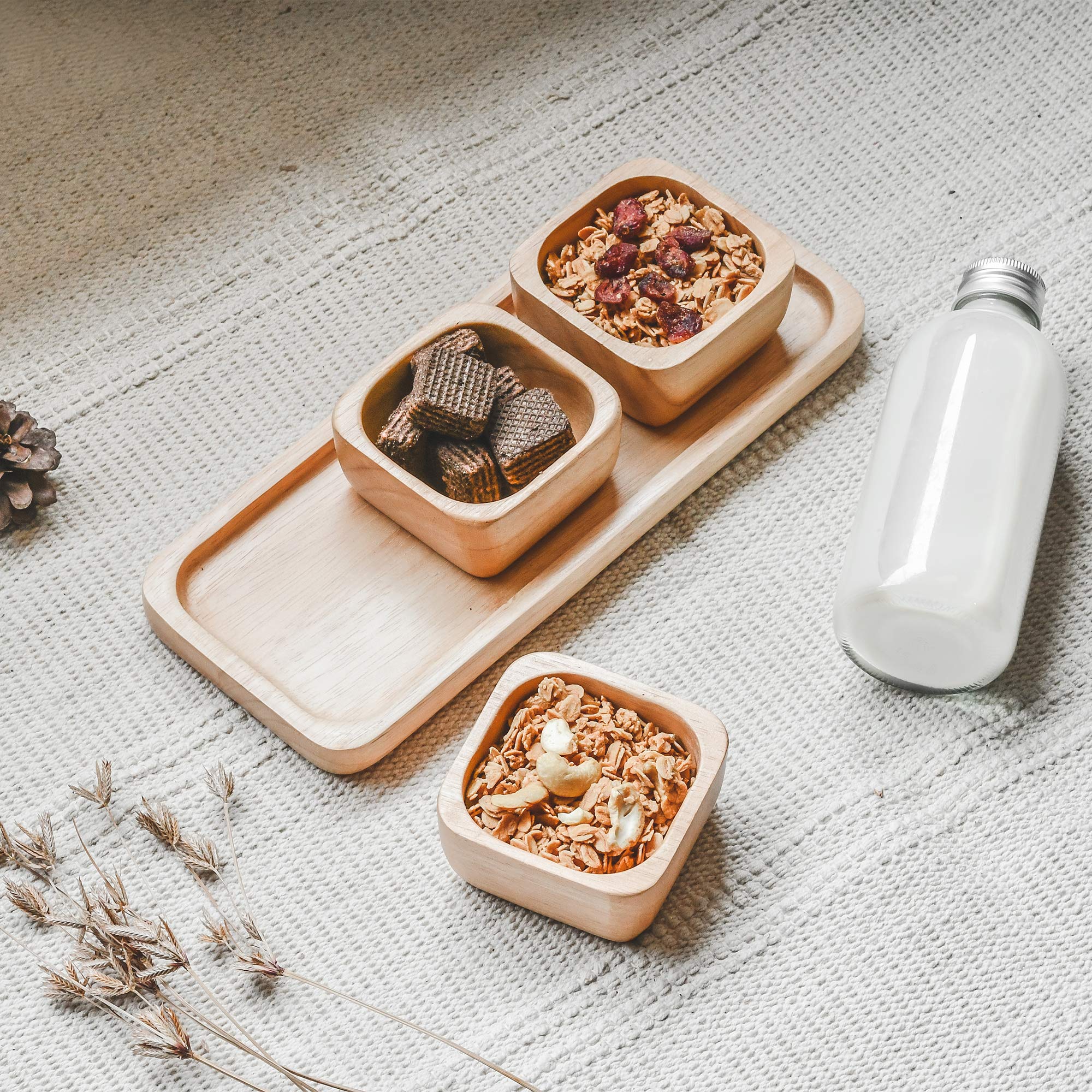 Aeravida Functional Kitchen D  Cor Snack Plate With Three Square Bowl Natural Brown Rubber Tree Wood Set | Wooden Square Bowls F